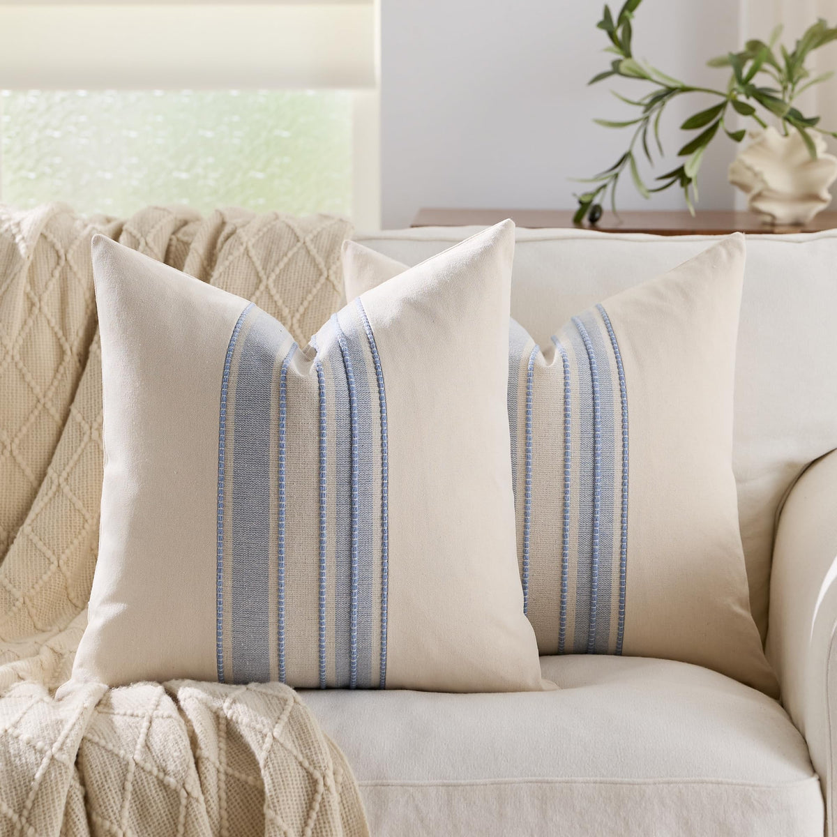 KINDREX Striped Linen Decorative Throw Pillow Covers 18x18 Navy Blue