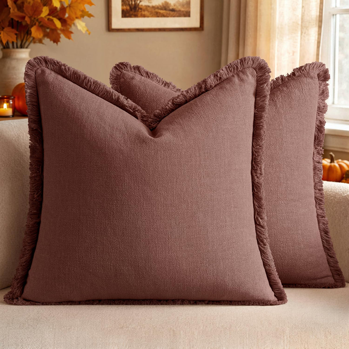 Linen Fringe Throw Pillow Covers 20x20 Inch Set of 2,Navy Blue