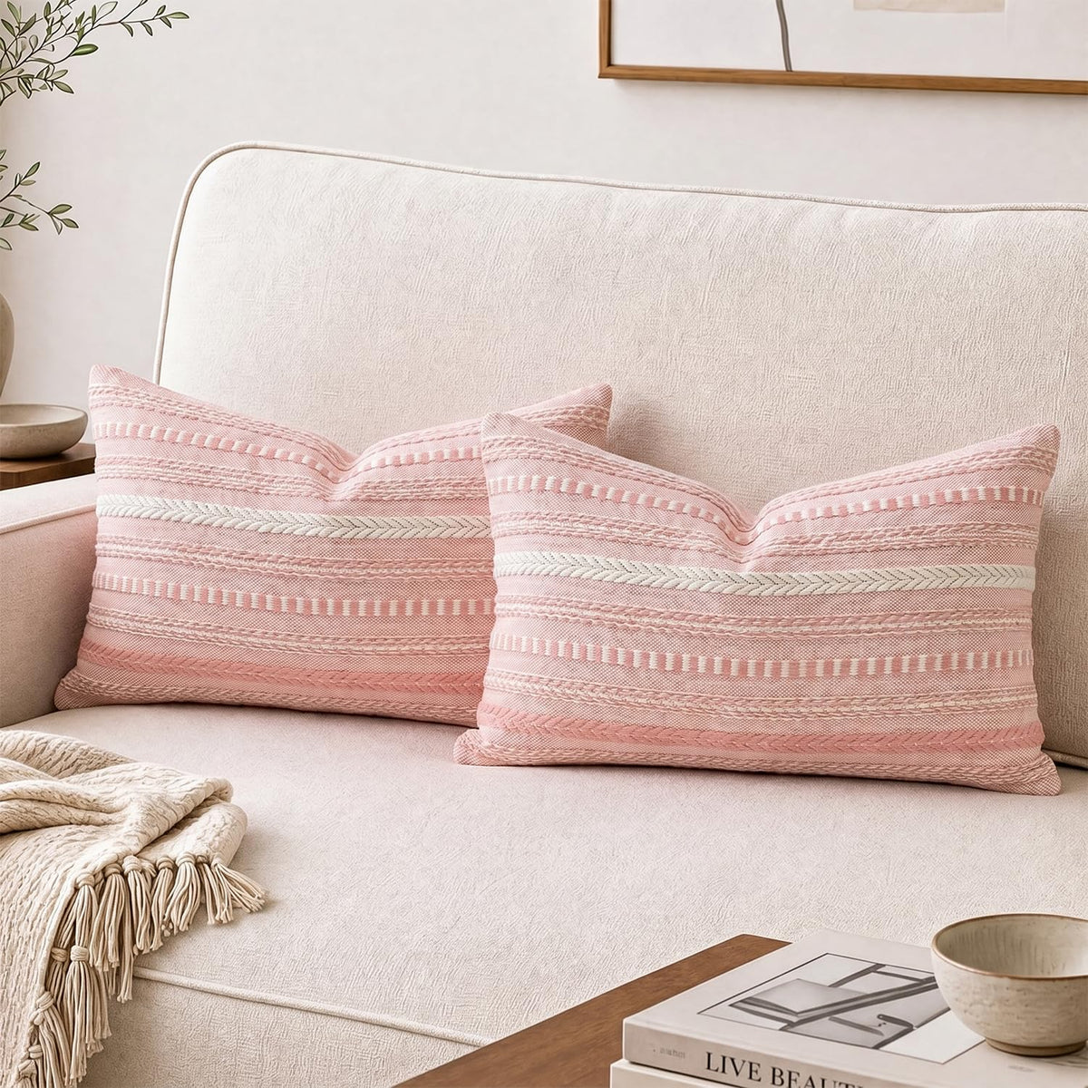 AVOIN colorlife Black Boho Decorative Throw Pillow Covers Set of 2, 18 x 18 Inch Woven Stripe Textured Rustic Cushion Case Home Decor for Living Room Couch Sofa