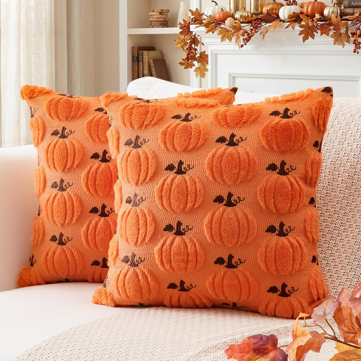 Artscope Fall Pumpkin Throw Pillow Covers 18x18 Set of 2, Autumn Soft Plush Faux Fur Decoration Cushion Covers for Thanksgiving Holiday Couch Sofa Bedroom Home Decor-Beige