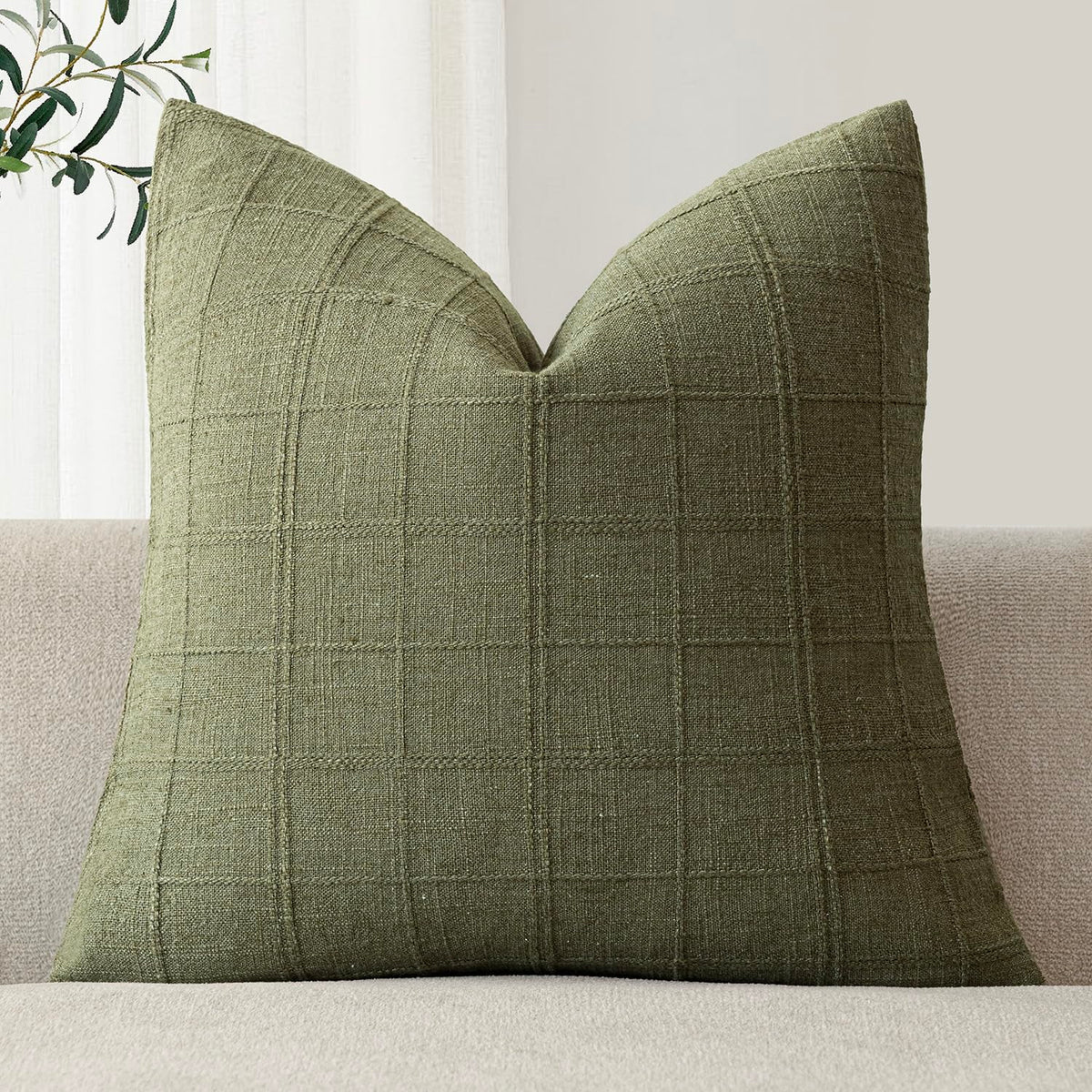 Foindtower Set of 1 Decorative Linen Check Throw Pillow Cover Neutral Farmhouse Lumbar Cushion Cover Modern Boho Home Decor for Sofa Chair Couch Bedroom Living Room,12×20 Inch,Olive Green