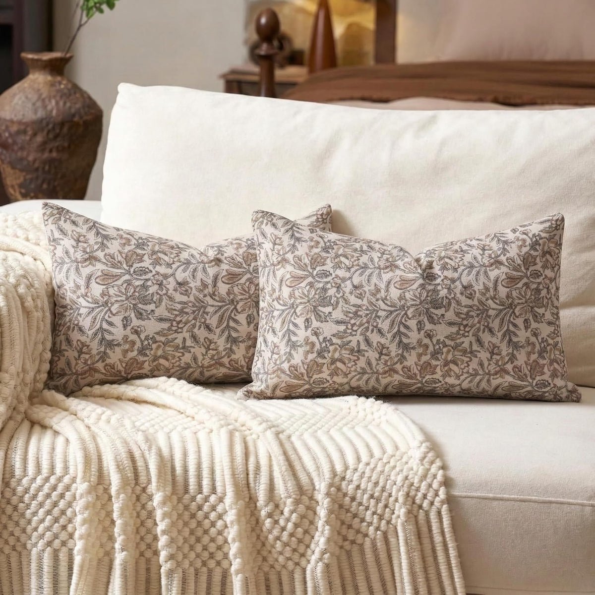 Amor Virisso Floral Throw Pillow Covers 18x18 Set of 2 Vintage Block Print Pillow Covers Decorative Pillow Covers Couch Pillows for Living Room Farmhouse Accent Sofa Pillows, Red/Sand