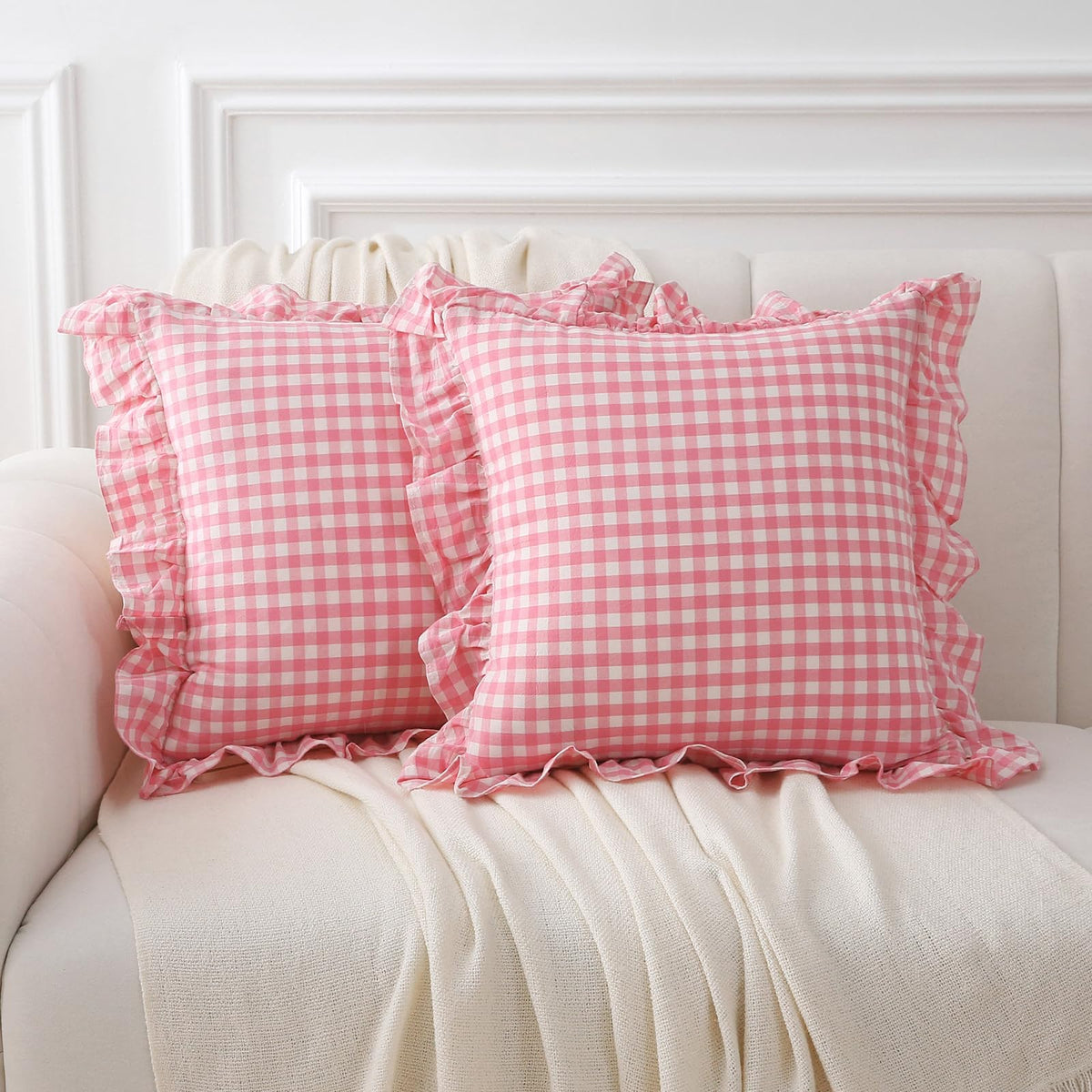 2 Pack Taupe White Gingham Ruffle Throw Pillow Covers 18''x18''