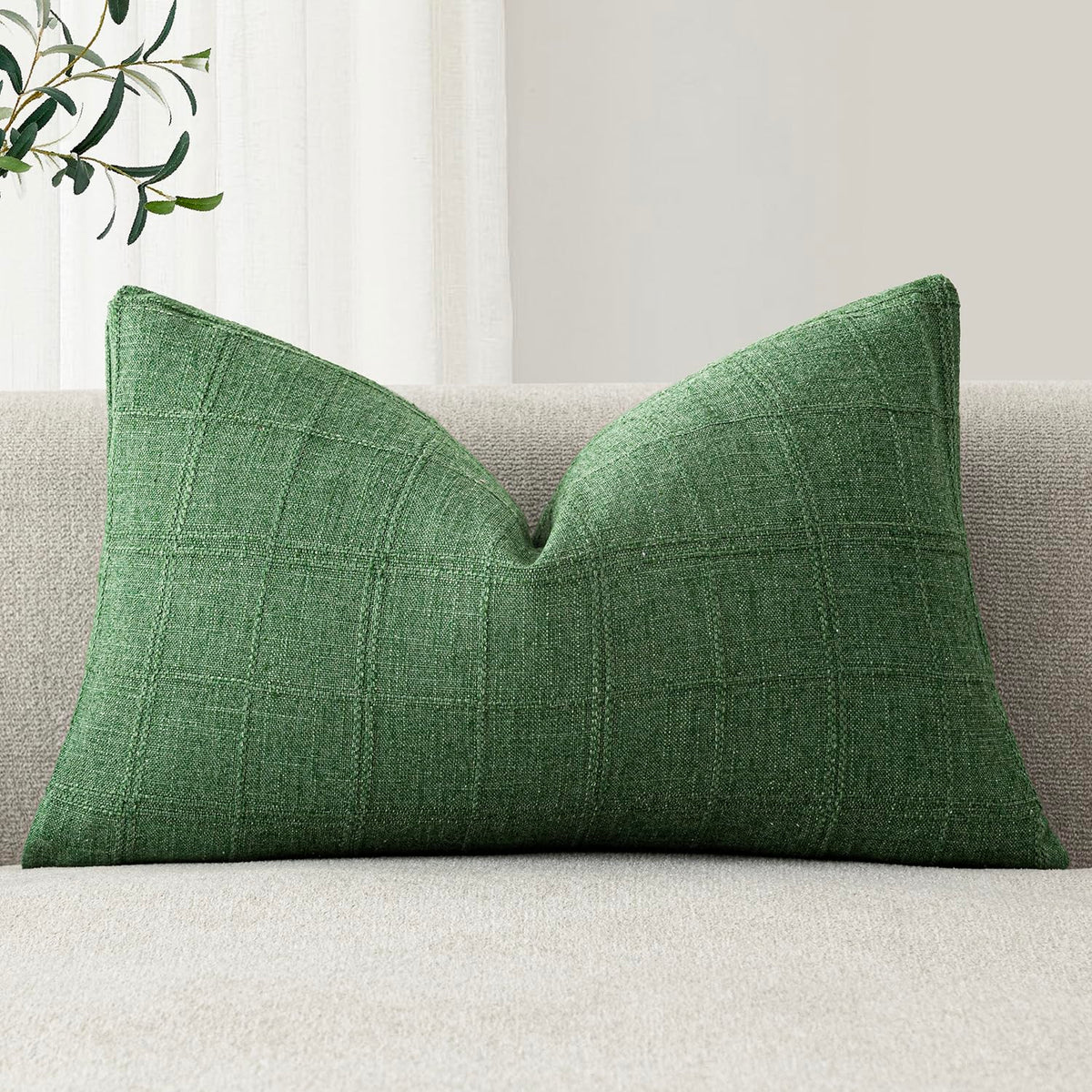 Foindtower Set of 1 Decorative Linen Check Throw Pillow Cover Neutral Farmhouse Lumbar Cushion Cover Modern Boho Home Decor for Sofa Chair Couch Bedroom Living Room,12×20 Inch,Olive Green