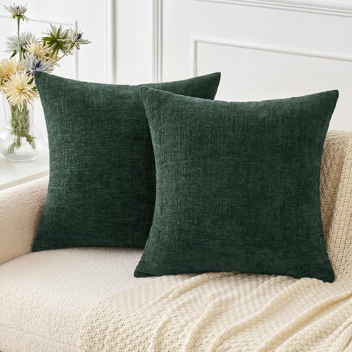 MIULEE Soft Chenille Throw Pillow Covers Green 18x18 Inch Pack of 2