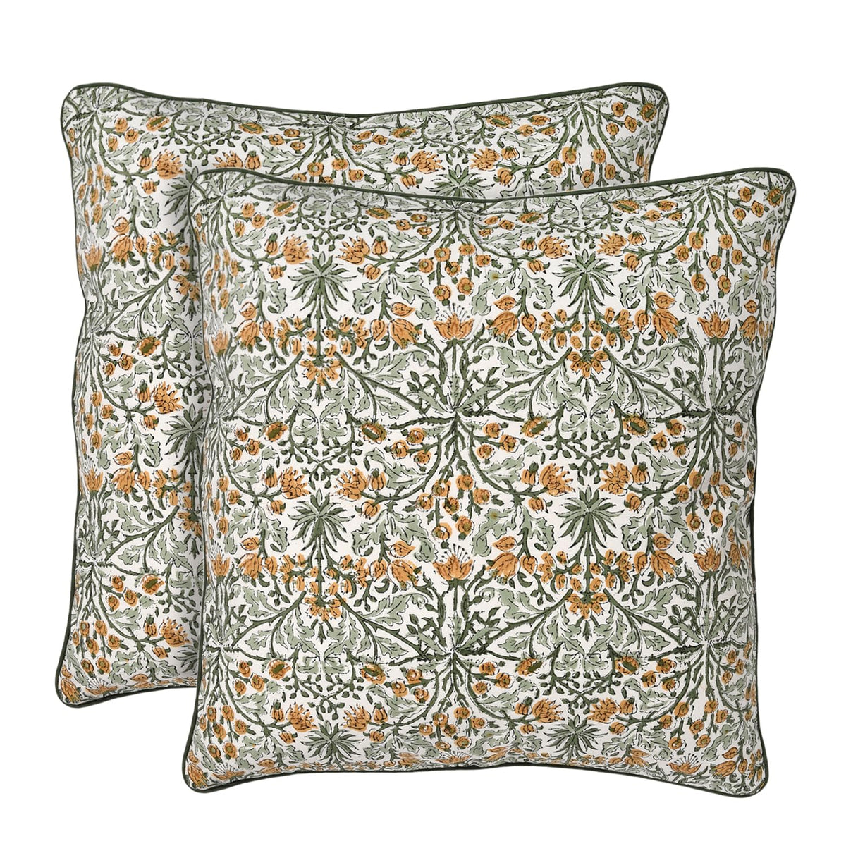 Ridhi Asparagus Green Block Print Cotton Pillow Cover 16x16 Inch Set of 2