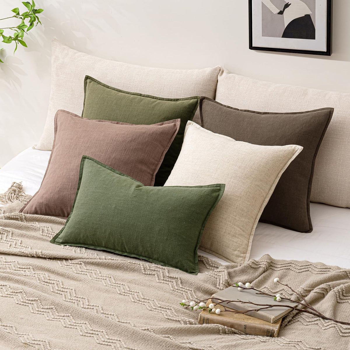 Set of 2 Linen Solid Throw Pillow Covers 20x20 Inch Dark Olive Green