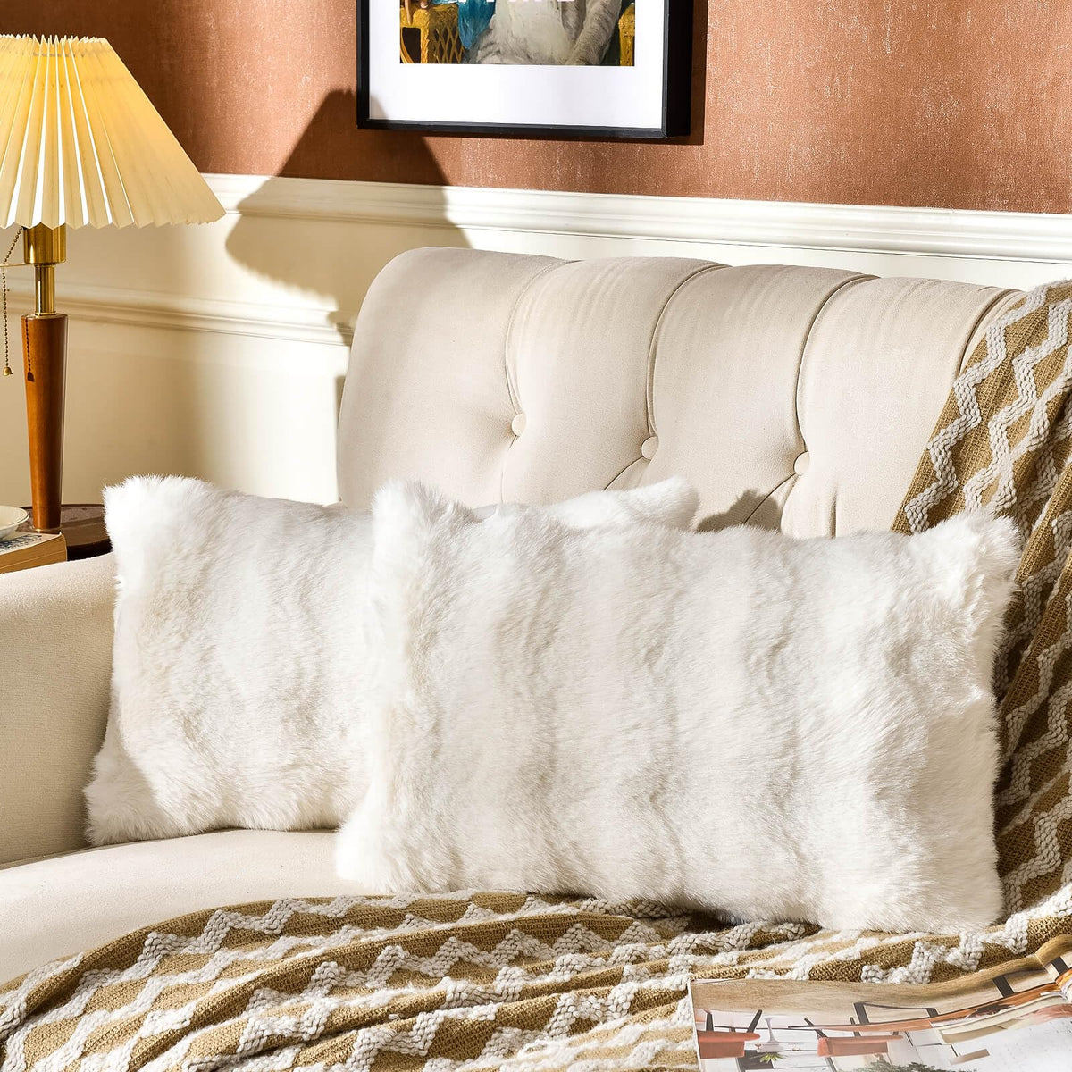 AmHoo Pack of 2 Throw Pillow Covers 3D Dense Faux Rabbit Fur Cozy Super Soft Fuzzy Set Case Cushion for Couch Sofa Bedroom 18 x 18-Inch Cream White