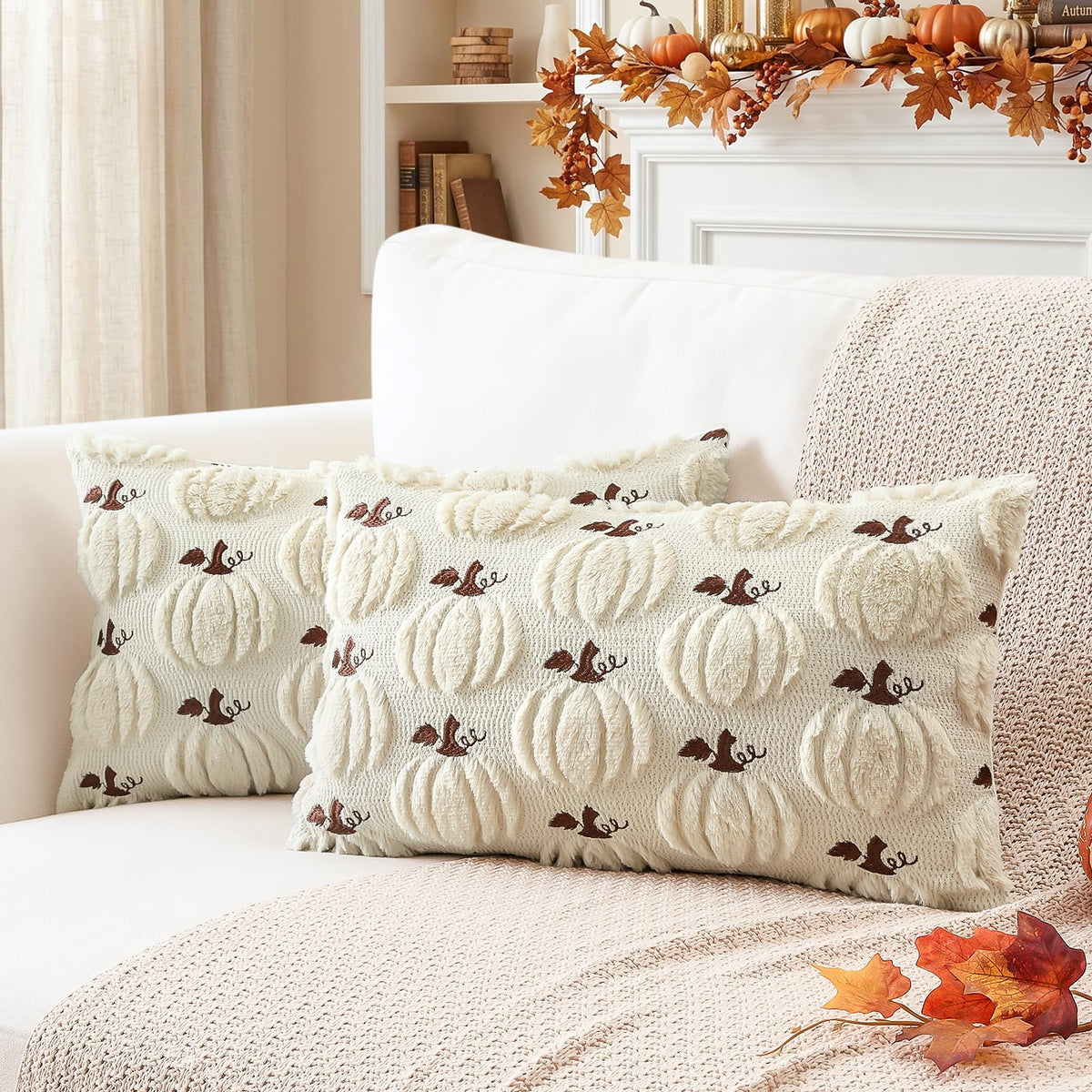 Artscope Fall Pumpkin Throw Pillow Covers 18x18 Set of 2, Autumn Soft Plush Faux Fur Decoration Cushion Covers for Thanksgiving Holiday Couch Sofa Bedroom Home Decor-Beige