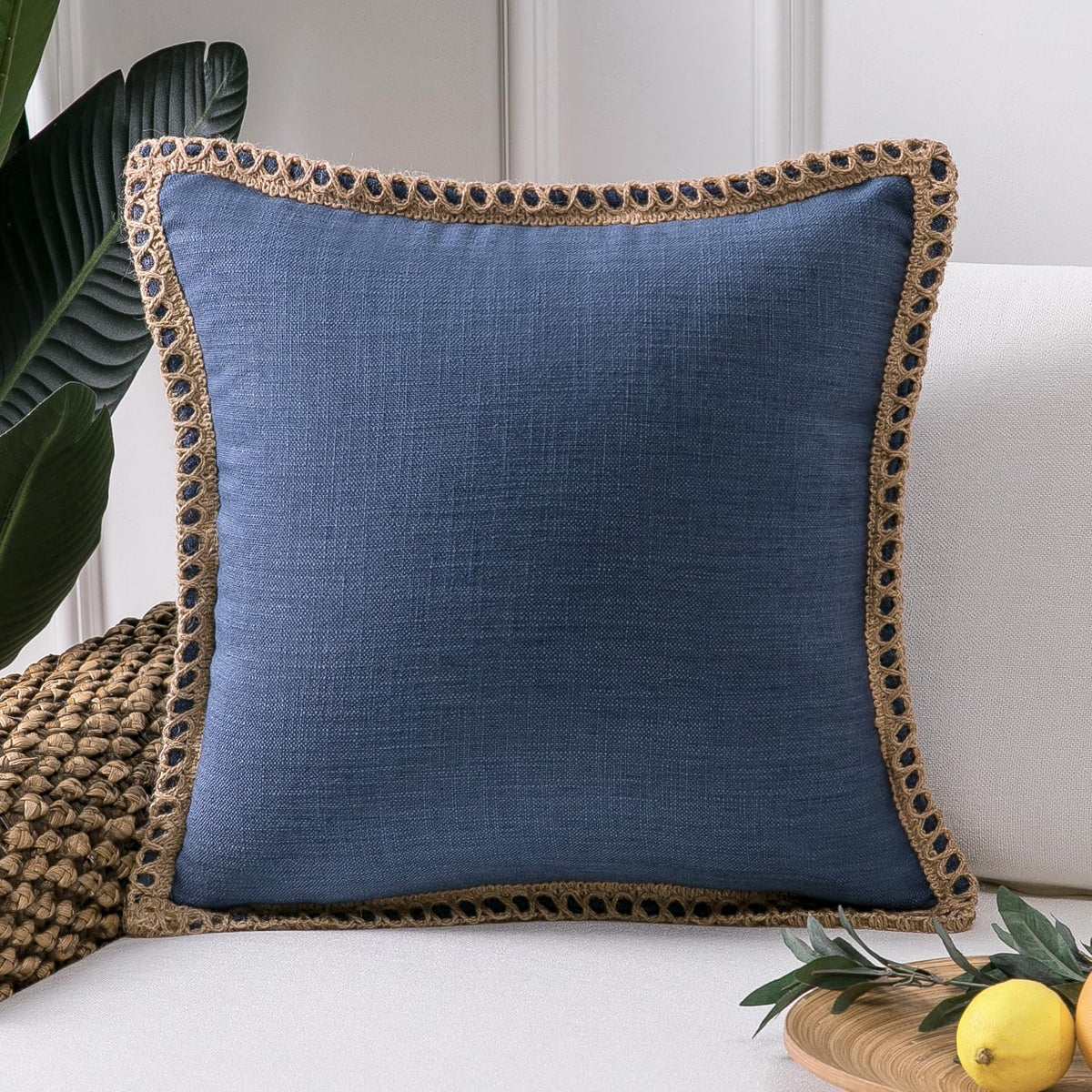 Phantoscope Pack of 2 Coastal Aqua Pillow Covers 18x18, Textured Polyester with Rope Trim, Fade Resistant Vintage Turquoise Blue Decorative Cushion Cases, Hidden Zipper, Farmhouse Boho Beach Decor