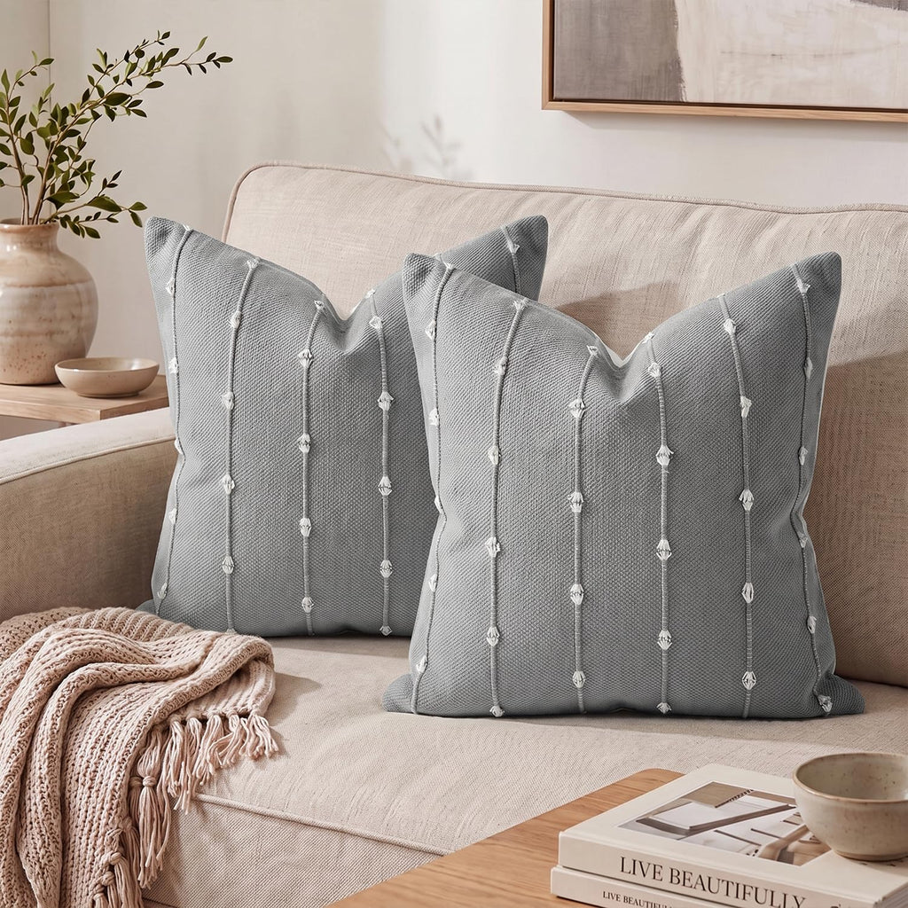 AVOIN colorlife Beige Black Boho Linen Throw Pillow Covers 18x18 Inch 2PC