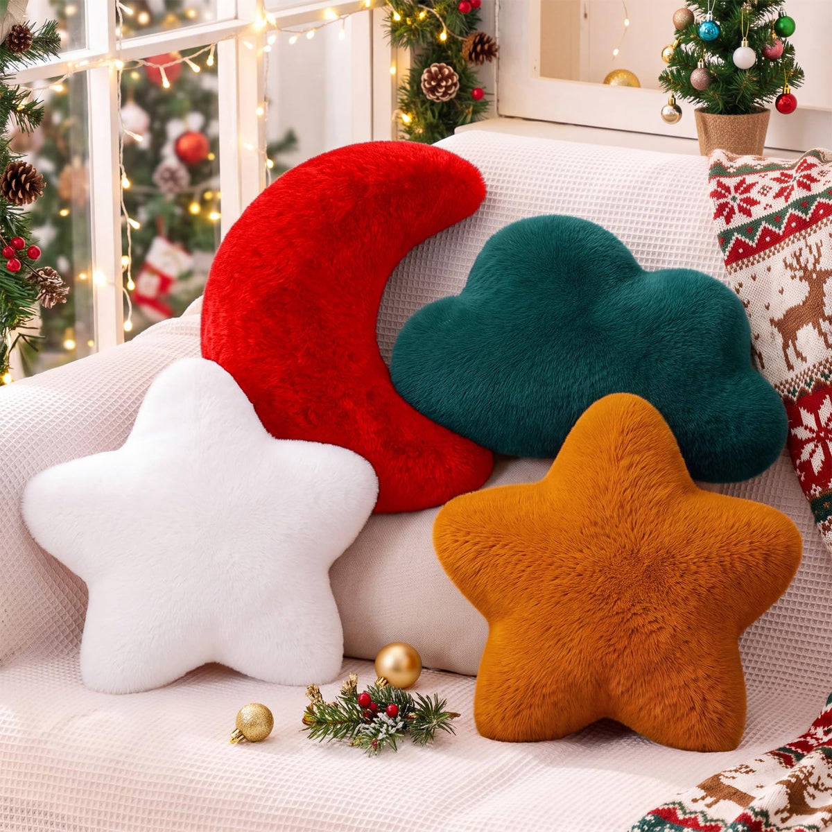 Junkin 4 Pcs Plush Cloud Star Moon Throw Pillow Set, Multicolored