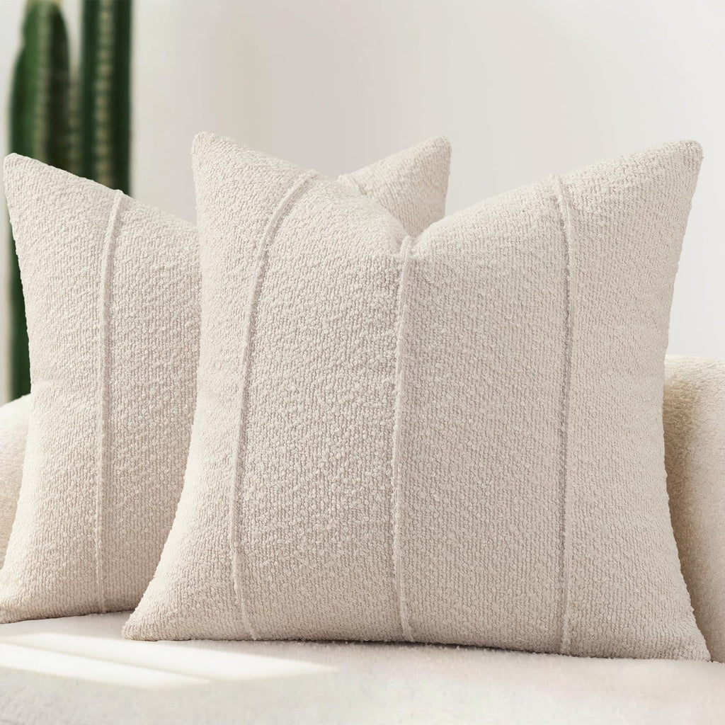 YCOLL Textured Boucle Throw Pillow Covers 20x20 Pack of 2 - Soft Neutral Striped Cushion Covers, Cozy Accent Decorative Pillow Covers for Couch, Sofa, Bed, Living Room (Ivory)