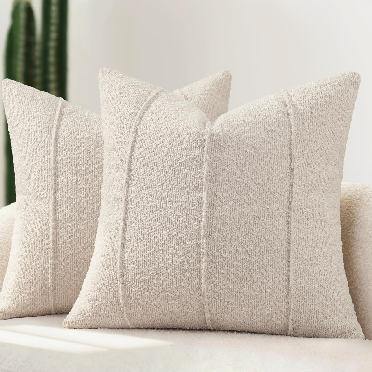 YCOLL Textured Boucle Throw Pillow Covers 20x20 Pack of 2 - Soft Neutral Striped Cushion Covers, Cozy Accent Decorative Pillow Covers for Couch, Sofa, Bed, Living Room (Ivory)