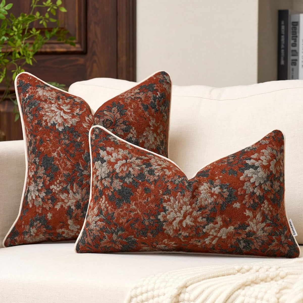 FANAMI Vintage Floral Lumbar Throw Pillow Covers 12x20 Set of 2 Boho Farmhouse Accent Pillowcase Neutral Modern Chenille Rectangle Decorative Cushion Covers for Couch Bed Living Room Home Decor, Rust