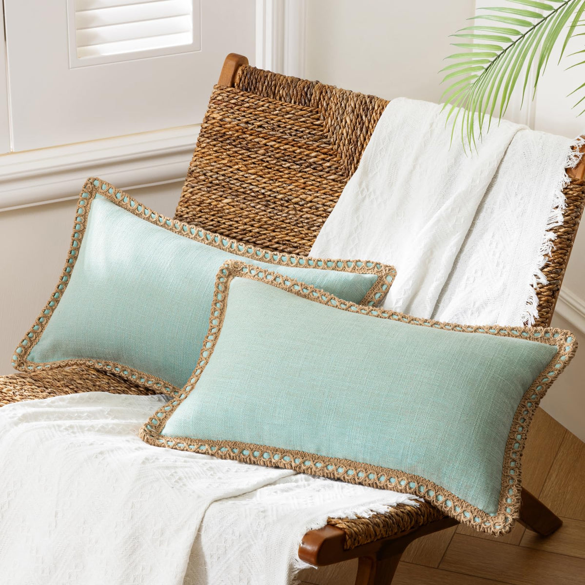Phantoscope Pack of 2 Coastal Aqua Pillow Covers 18x18, Textured Polyester with Rope Trim, Fade Resistant Vintage Turquoise Blue Decorative Cushion Cases, Hidden Zipper, Farmhouse Boho Beach Decor