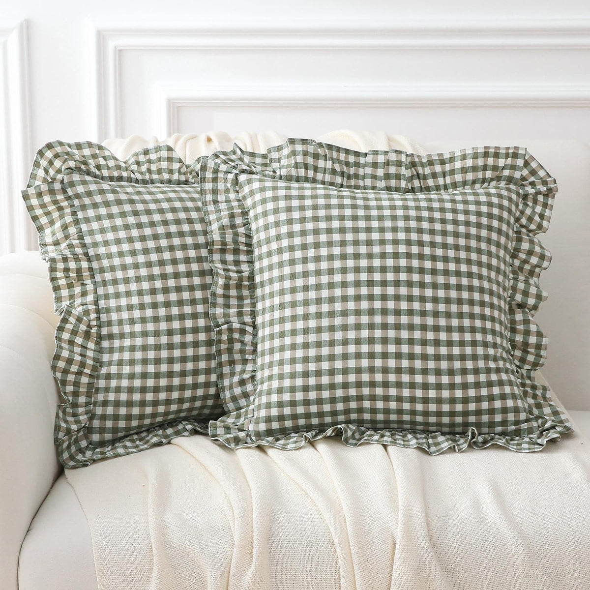 2 Pack Taupe White Gingham Ruffle Throw Pillow Covers 18''x18''