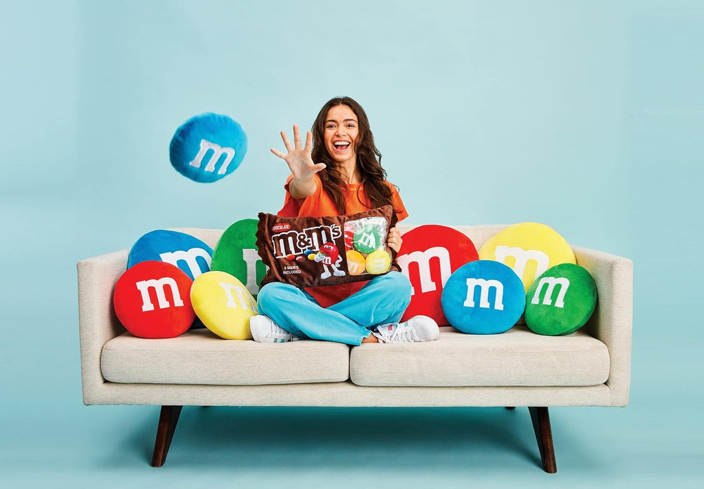iscream M&M's Package-Shaped Printed Plush Fleece 7-Piece Throw Pillow Set