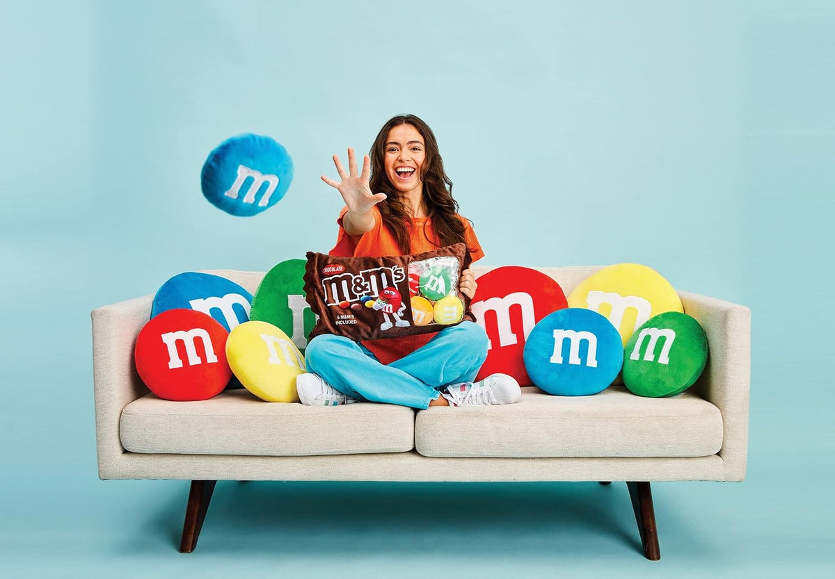 iscream M&M's Package-Shaped Printed Plush Fleece 7-Piece Throw Pillow Set