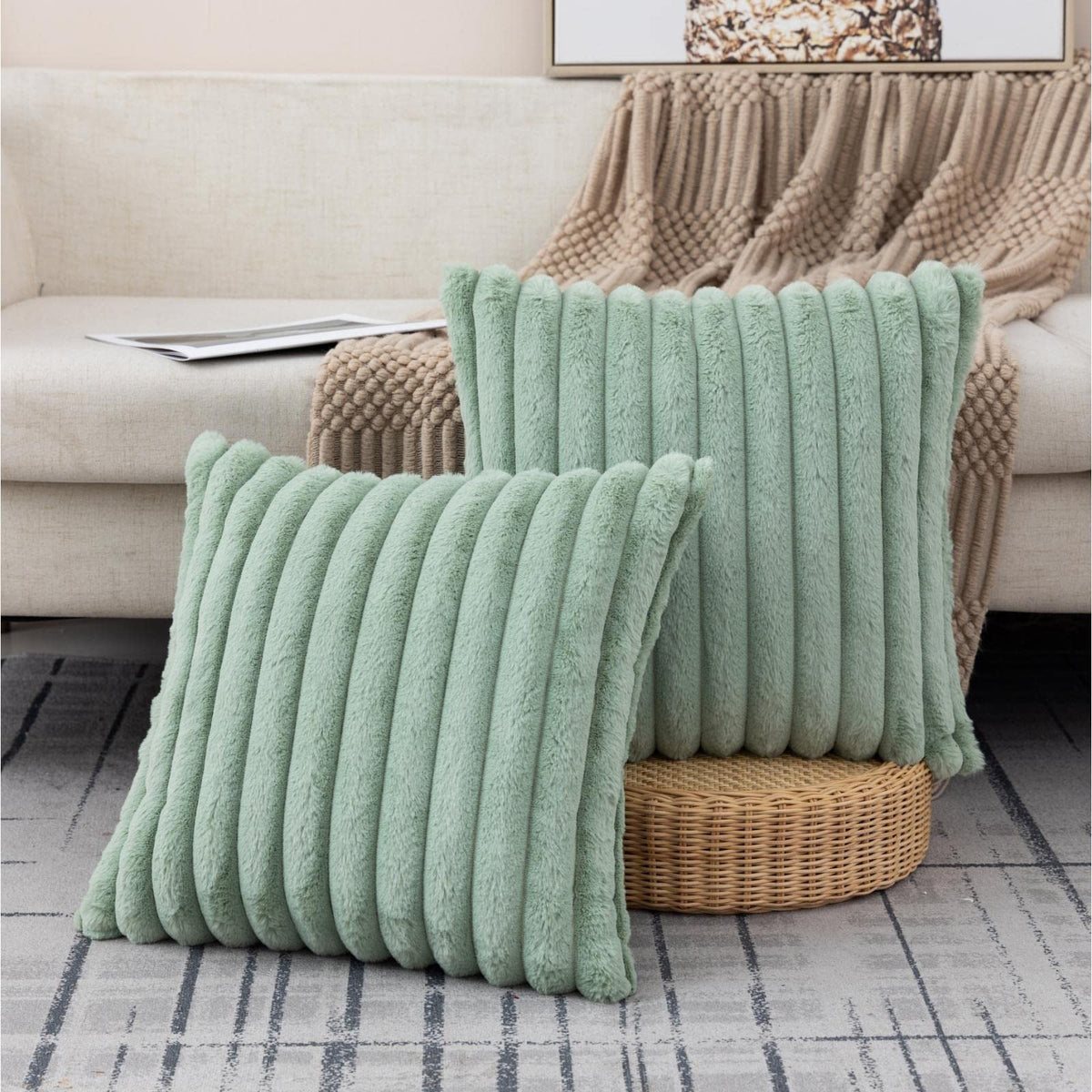 ZLINA Faux Fur Decorative Throw Pillow Covers 22 x 22 Inch,Black