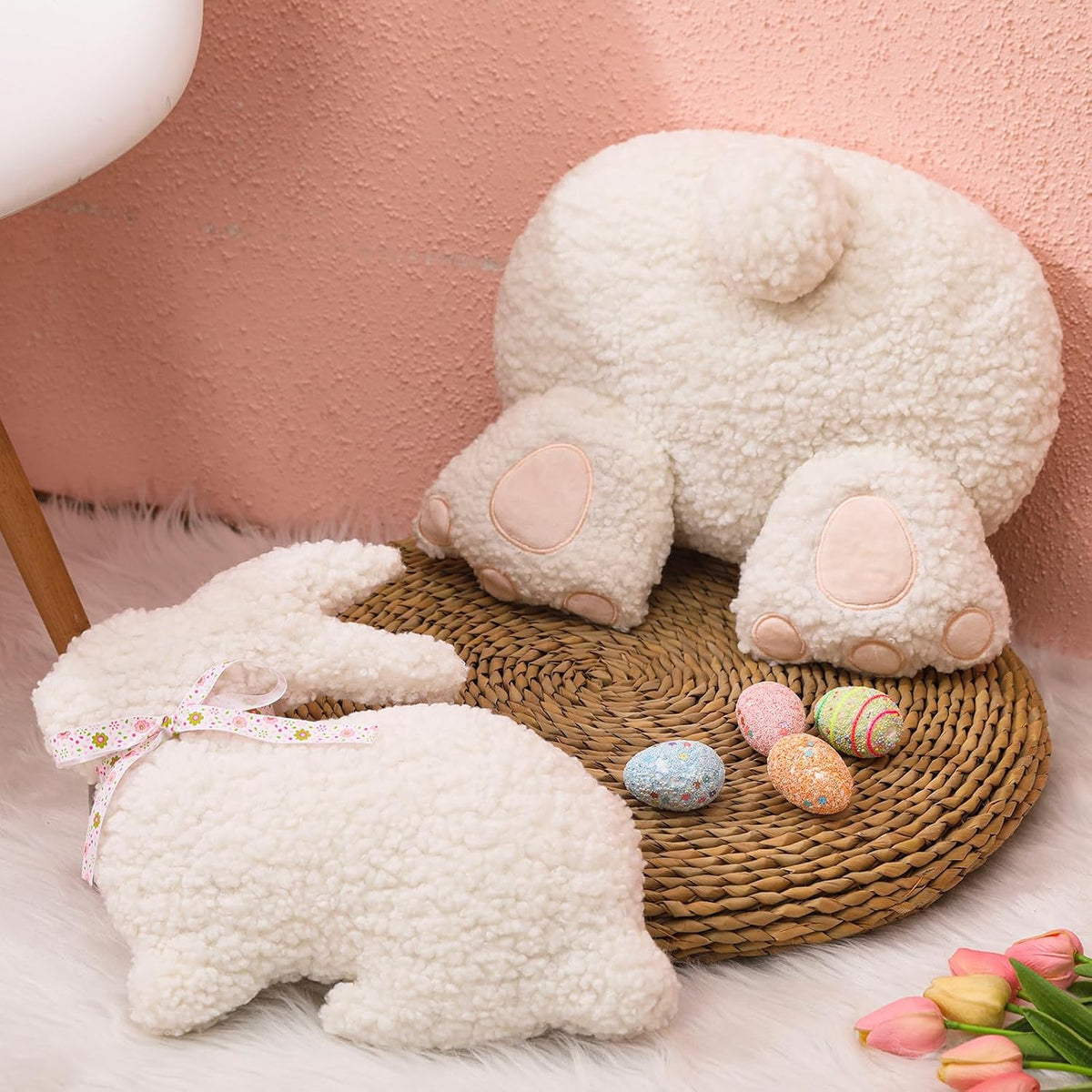 Yuntau 2 Pieces Easter Pillows Bunny Butt Shaped Throw Bunny Stuffed Hugging Cuddly Huggable Rabbit Pillow Decoration for Easter Birthday Bedroom Sofa Couch
