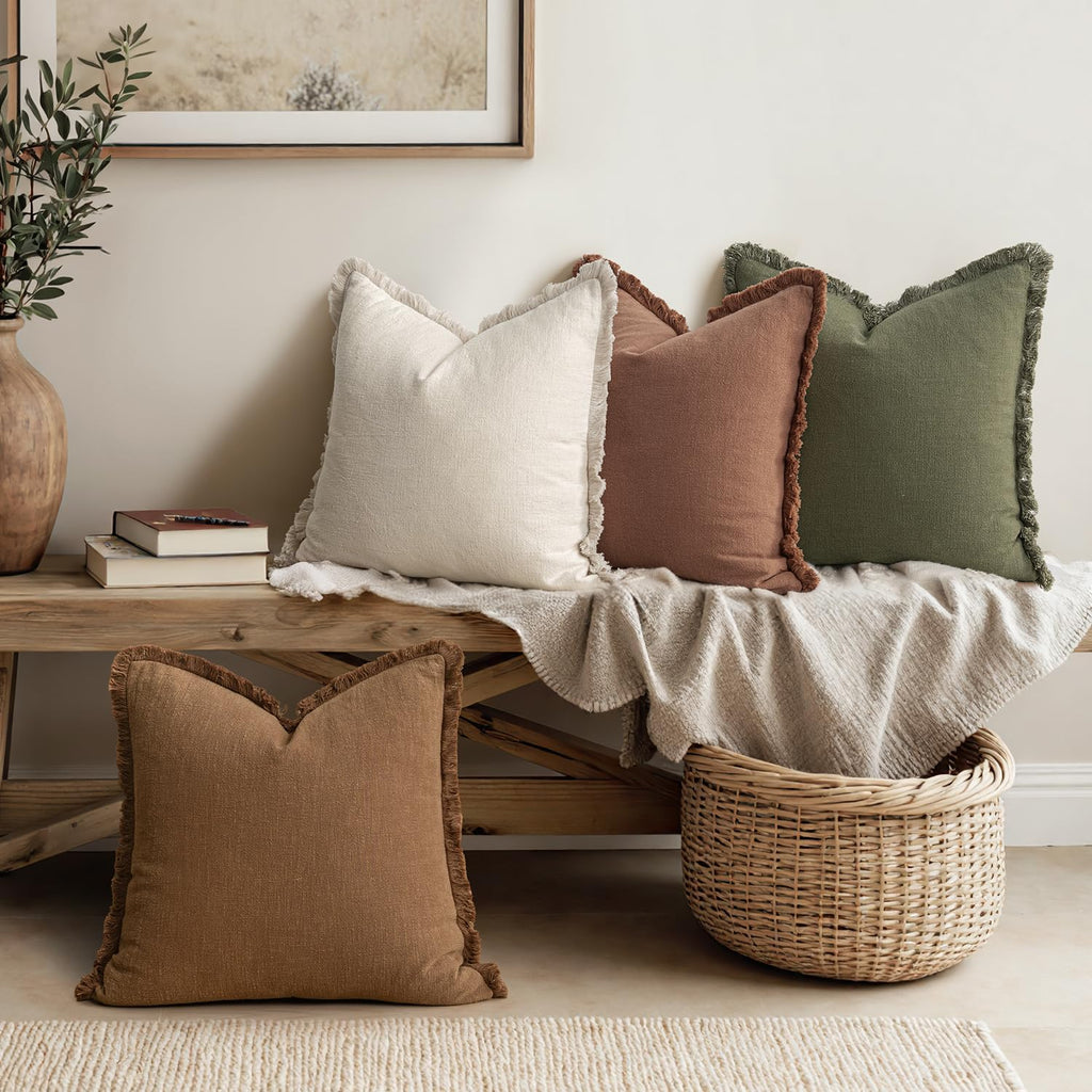 MIULEE Fall Linen Fringe Pillow Covers Set of 4 18x18 Beige/Brown/Green