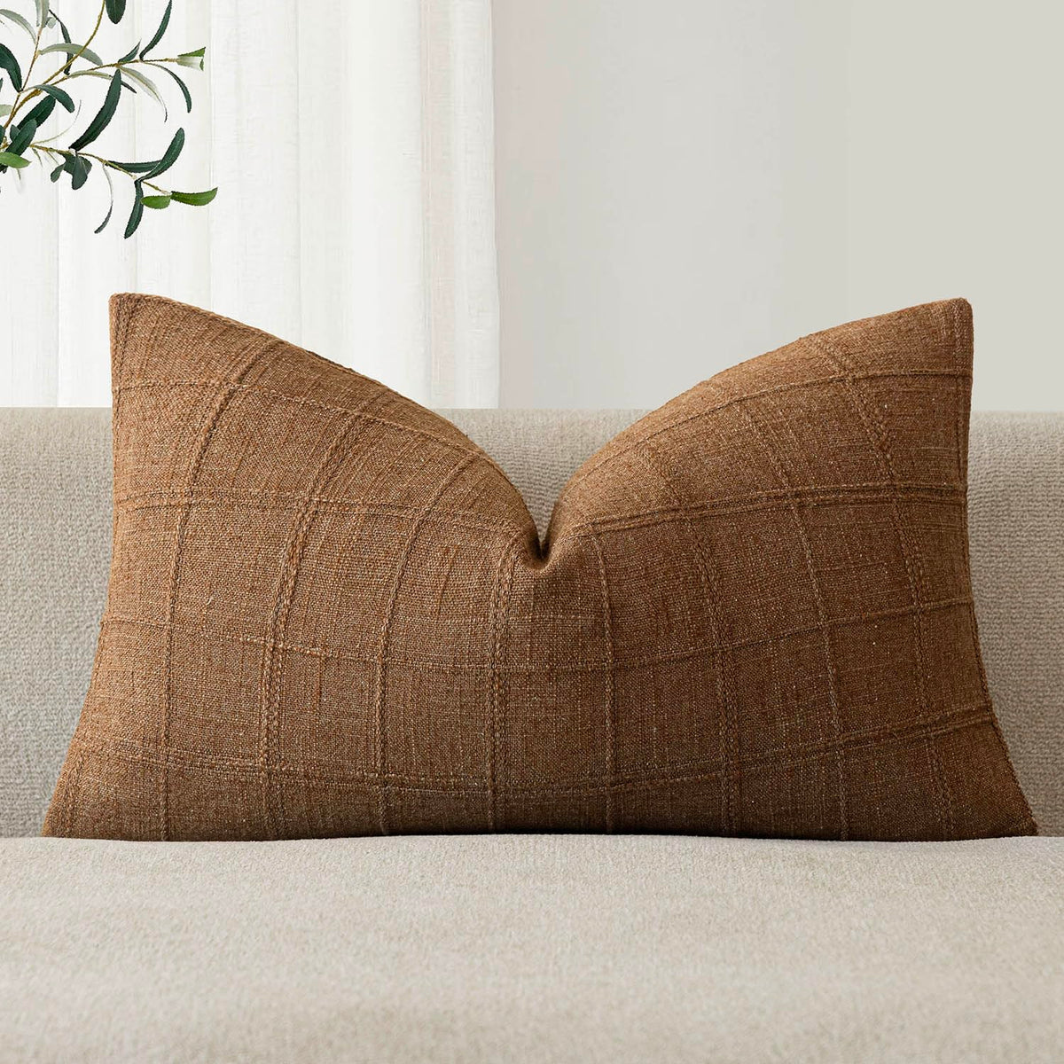 Foindtower Set of 1 Decorative Linen Check Throw Pillow Cover Neutral Farmhouse Lumbar Cushion Cover Modern Boho Home Decor for Sofa Chair Couch Bedroom Living Room,12×20 Inch,Olive Green