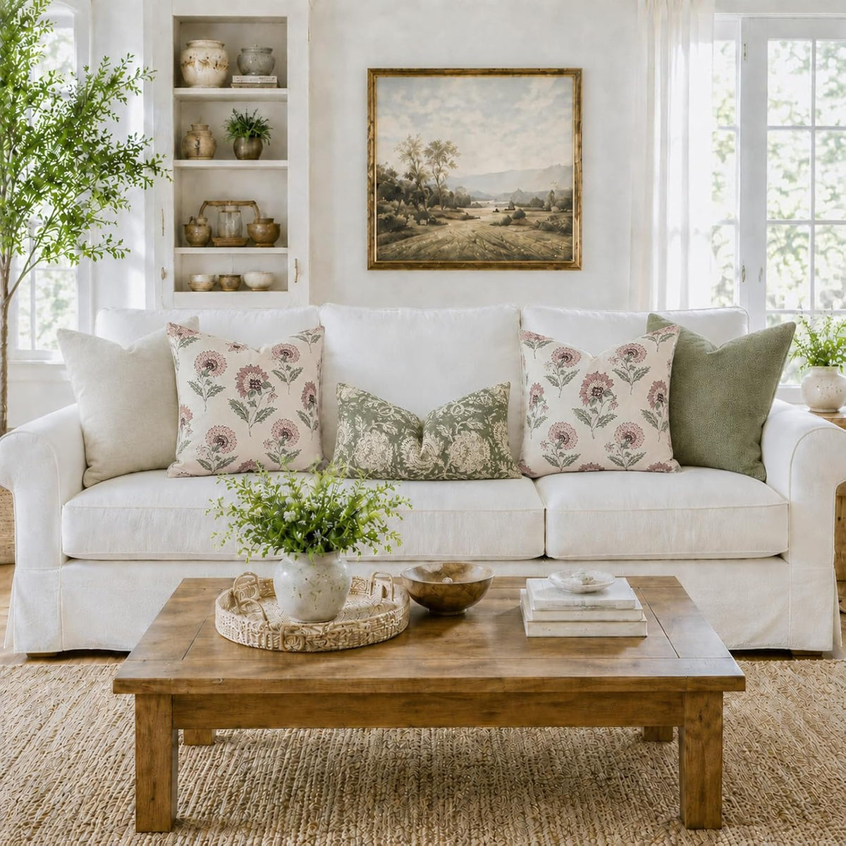 Vintage Throw Pillow Covers 20x20 Set of 2, Cotton Floral Pillow Cover Botanical Patterned Decorative Cushion Covers Modern Farmhouse Home Decor for Sofa Couch Bed Living Room, Blush Meadow