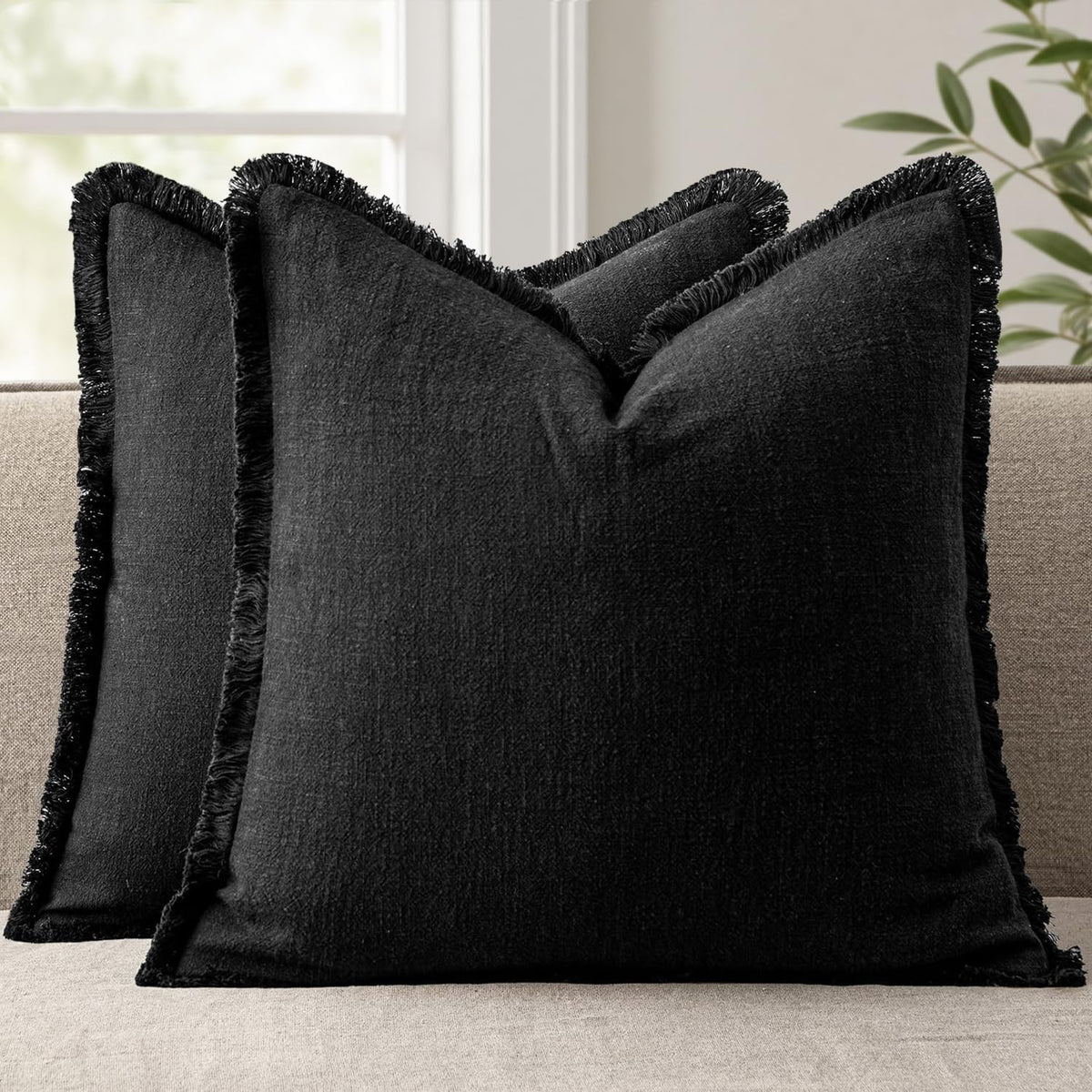 ANRODUO Decorative Linen Fringe Pillow Covers 18×18 Inch Sage Green 2 Pack