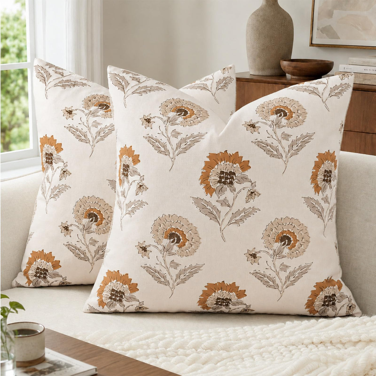 Vintage Throw Pillow Covers 20x20 Set of 2, Cotton Floral Pillow Cover Botanical Patterned Decorative Cushion Covers Modern Farmhouse Home Decor for Sofa Couch Bed Living Room, Blush Meadow