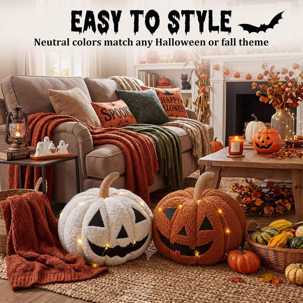 2pcs Fall Halloween 3D Pumpkin Throw Pillows Sherpa Stuffed Pumpkin Decor