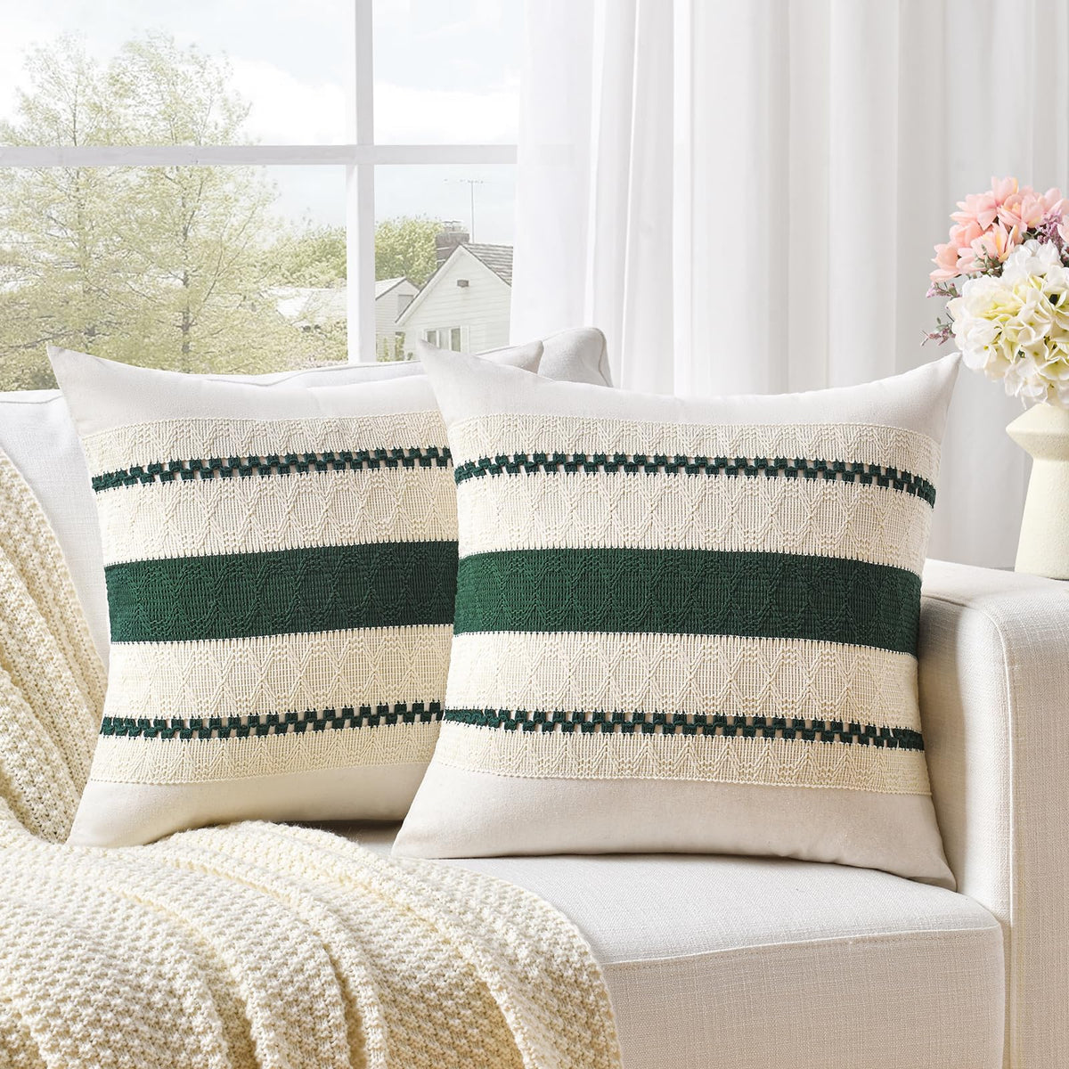 Fancy Homi Set of 2 Boho Olive Green Decorative Throw Pillow Cover 18x18 Inch for Couch Bed Sofa, Aesthetic Modern Organic Farmhouse Home Decor, Soft Cotton Cute Accent Macrame Woven Cushion Case