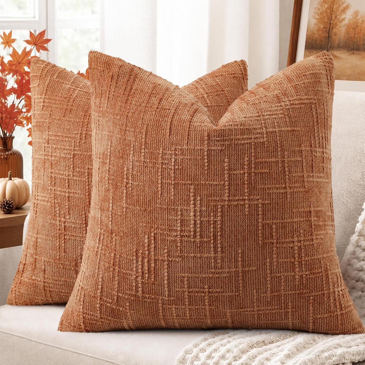 decorUhome Textured Chenille Throw Pillow Covers 18x18 Set of 2 Ivory