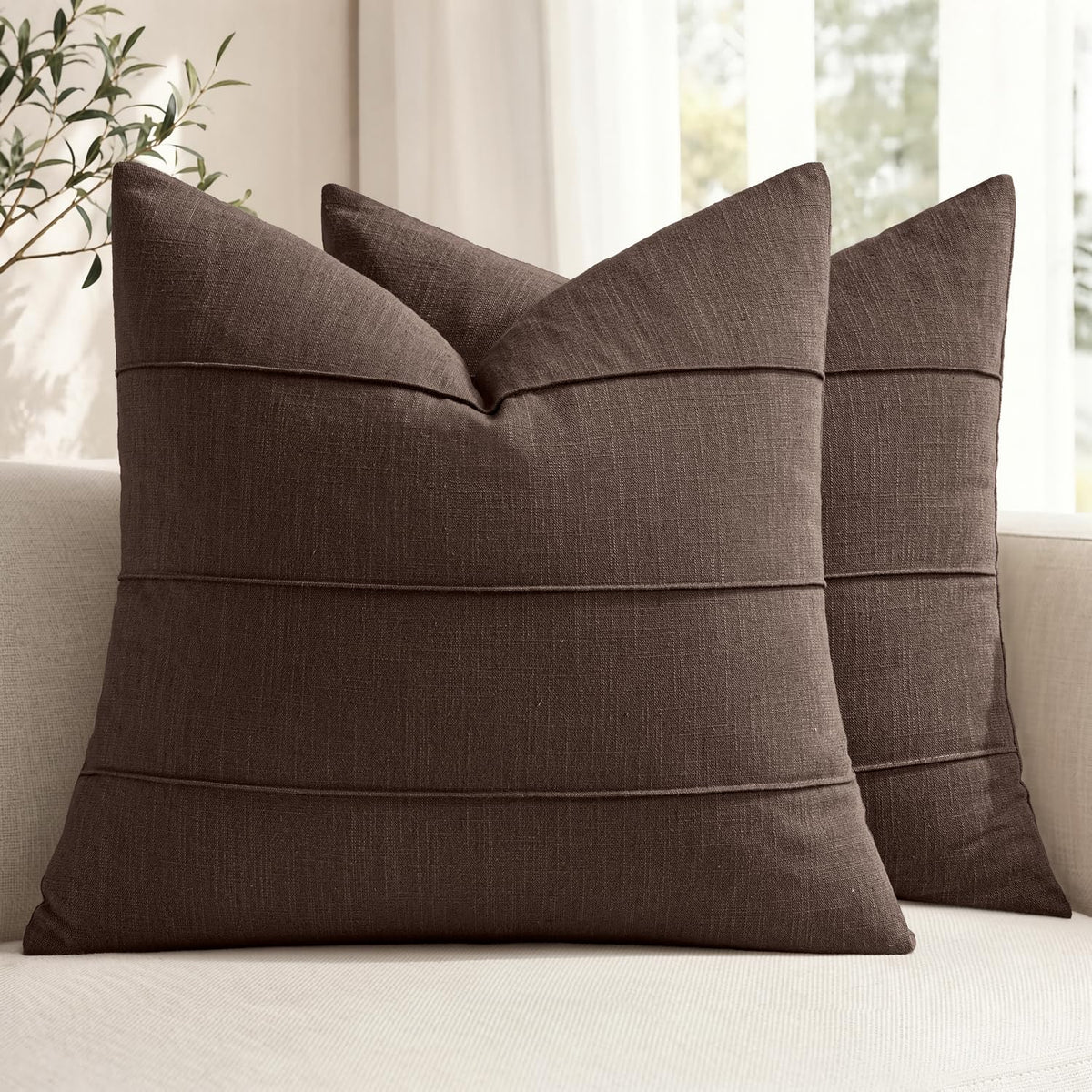 MIULEE Decorative Linen Throw Pillow Covers 18x18 Natural Beige Striped