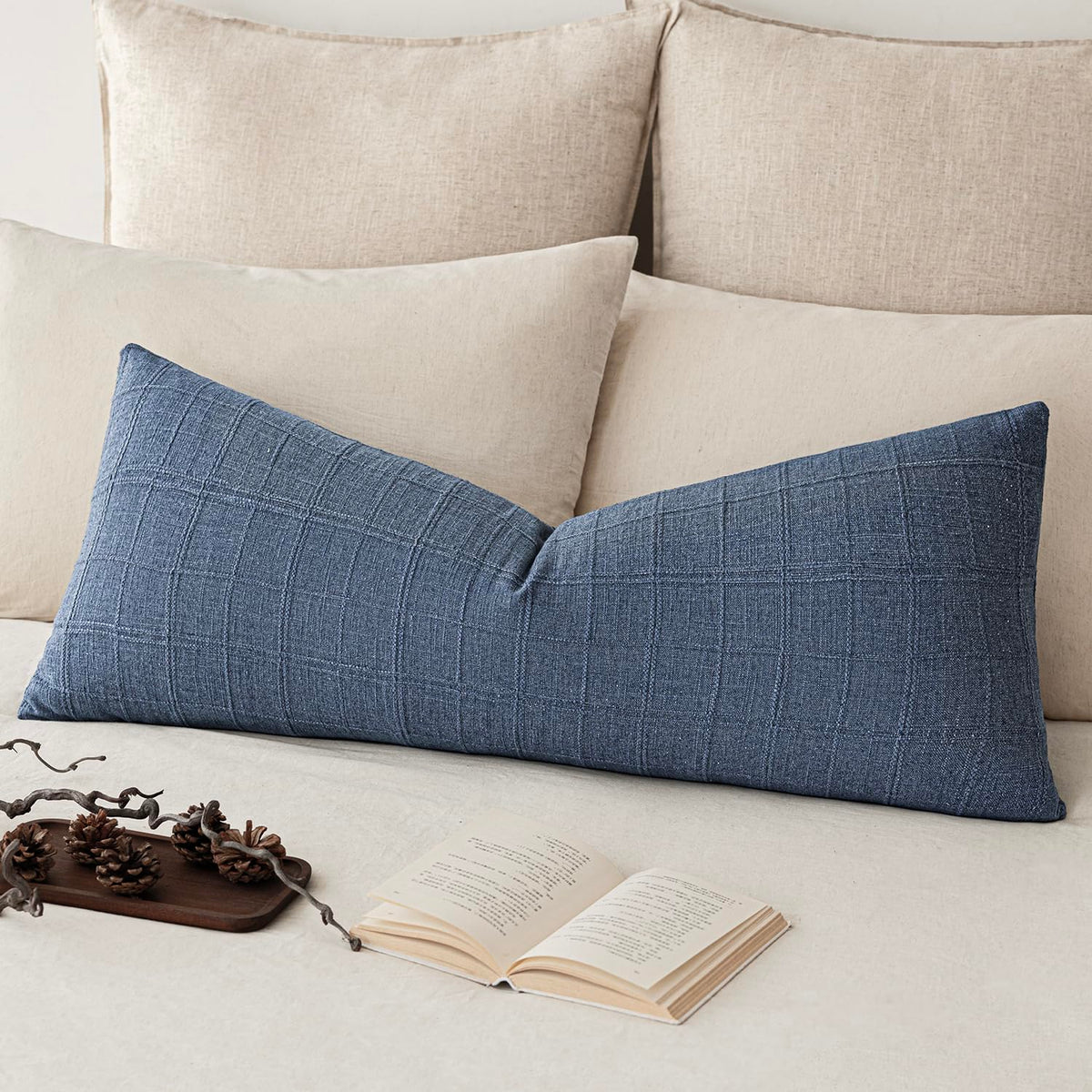Foindtower Set of 1 Decorative Linen Check Throw Pillow Cover Neutral Farmhouse Lumbar Cushion Cover Modern Boho Home Decor for Sofa Chair Couch Bedroom Living Room,12×20 Inch,Olive Green