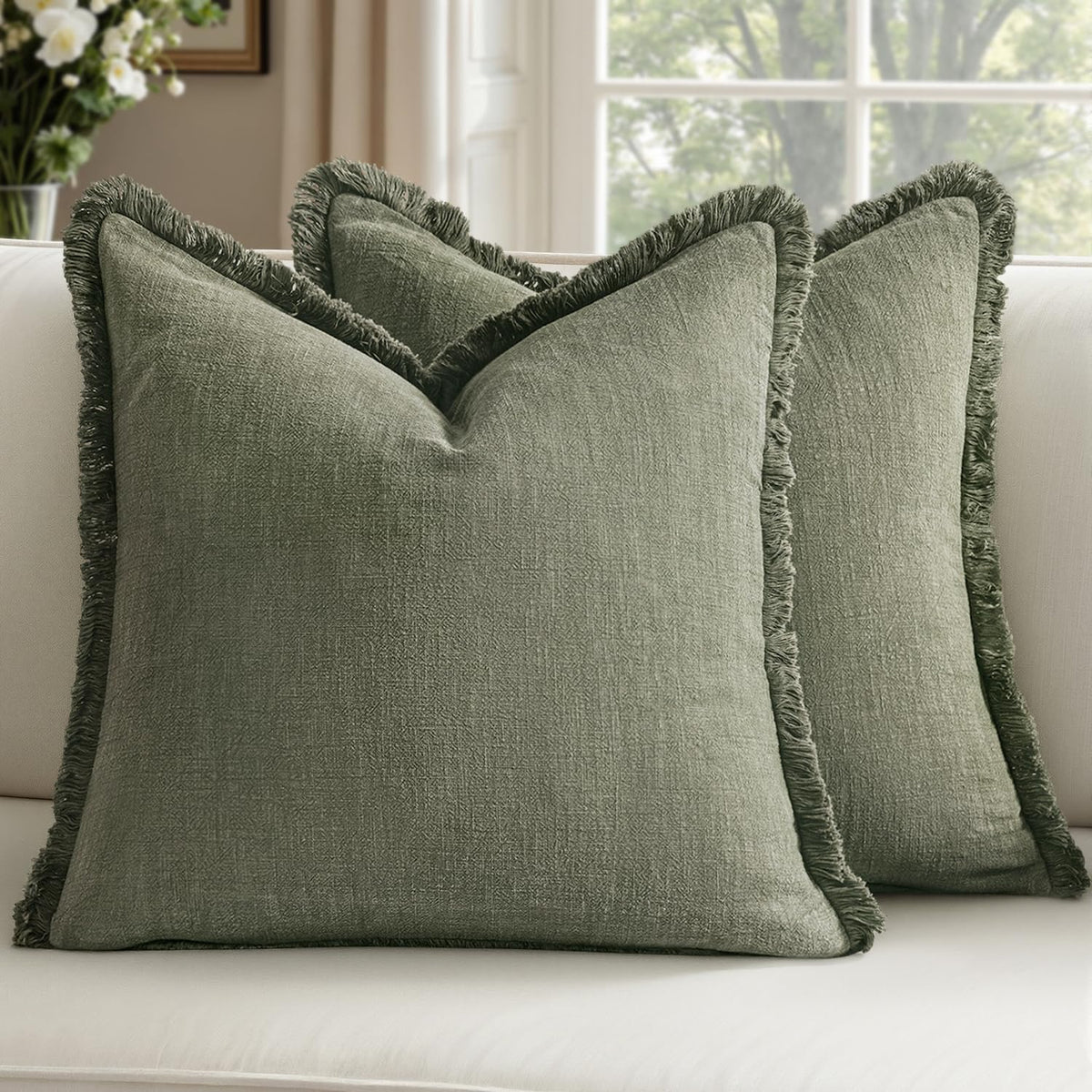 Linen Fringe Throw Pillow Covers 20x20 Inch Set of 2,Navy Blue