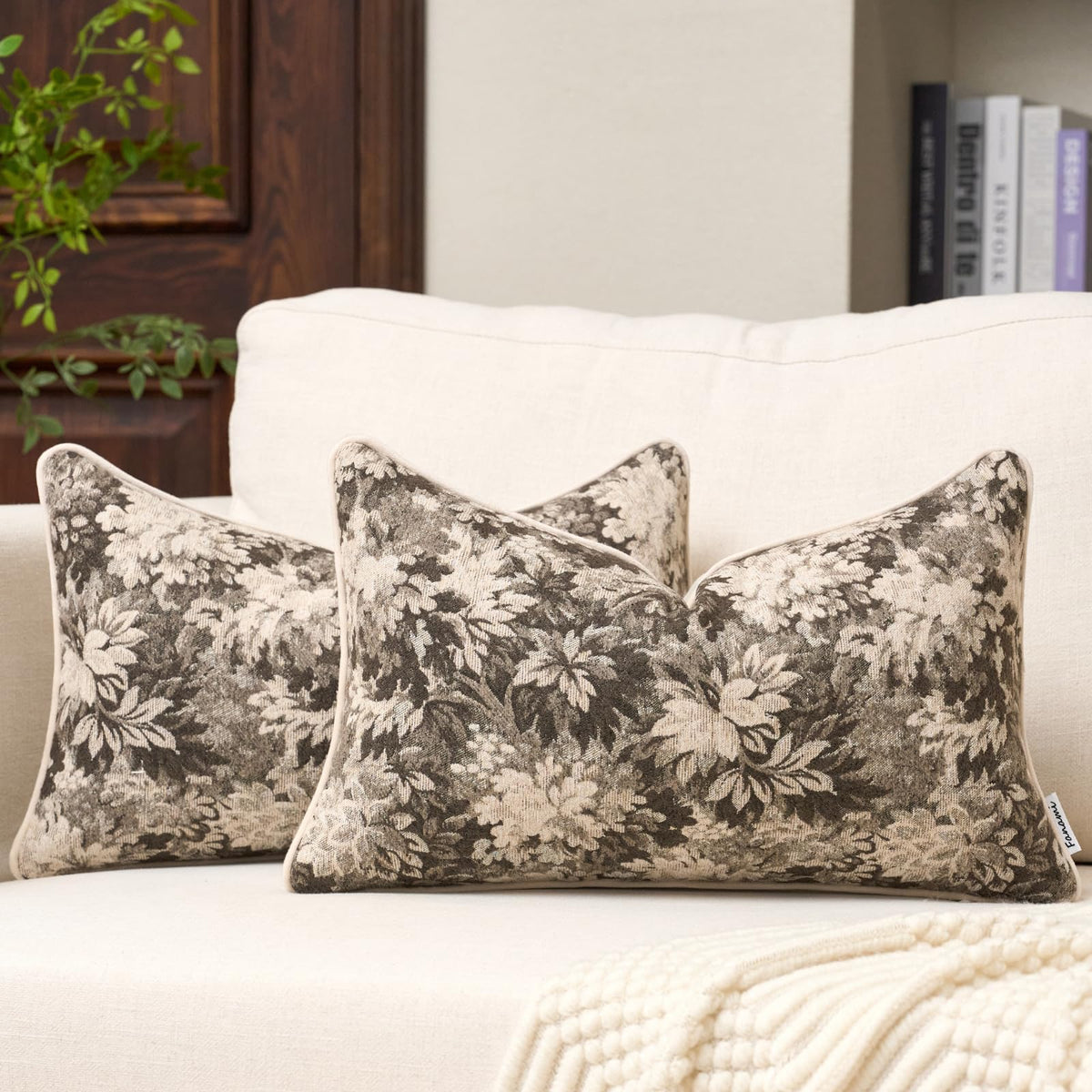 FANAMI Vintage Floral Lumbar Throw Pillow Covers 12x20 Set of 2 Boho Farmhouse Accent Pillowcase Neutral Modern Chenille Rectangle Decorative Cushion Covers for Couch Bed Living Room Home Decor, Rust