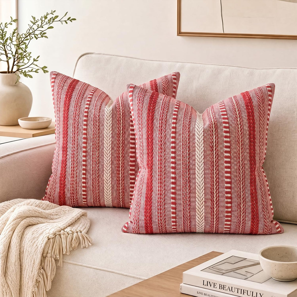 AVOIN colorlife Black Boho Decorative Throw Pillow Covers Set of 2, 18 x 18 Inch Woven Stripe Textured Rustic Cushion Case Home Decor for Living Room Couch Sofa
