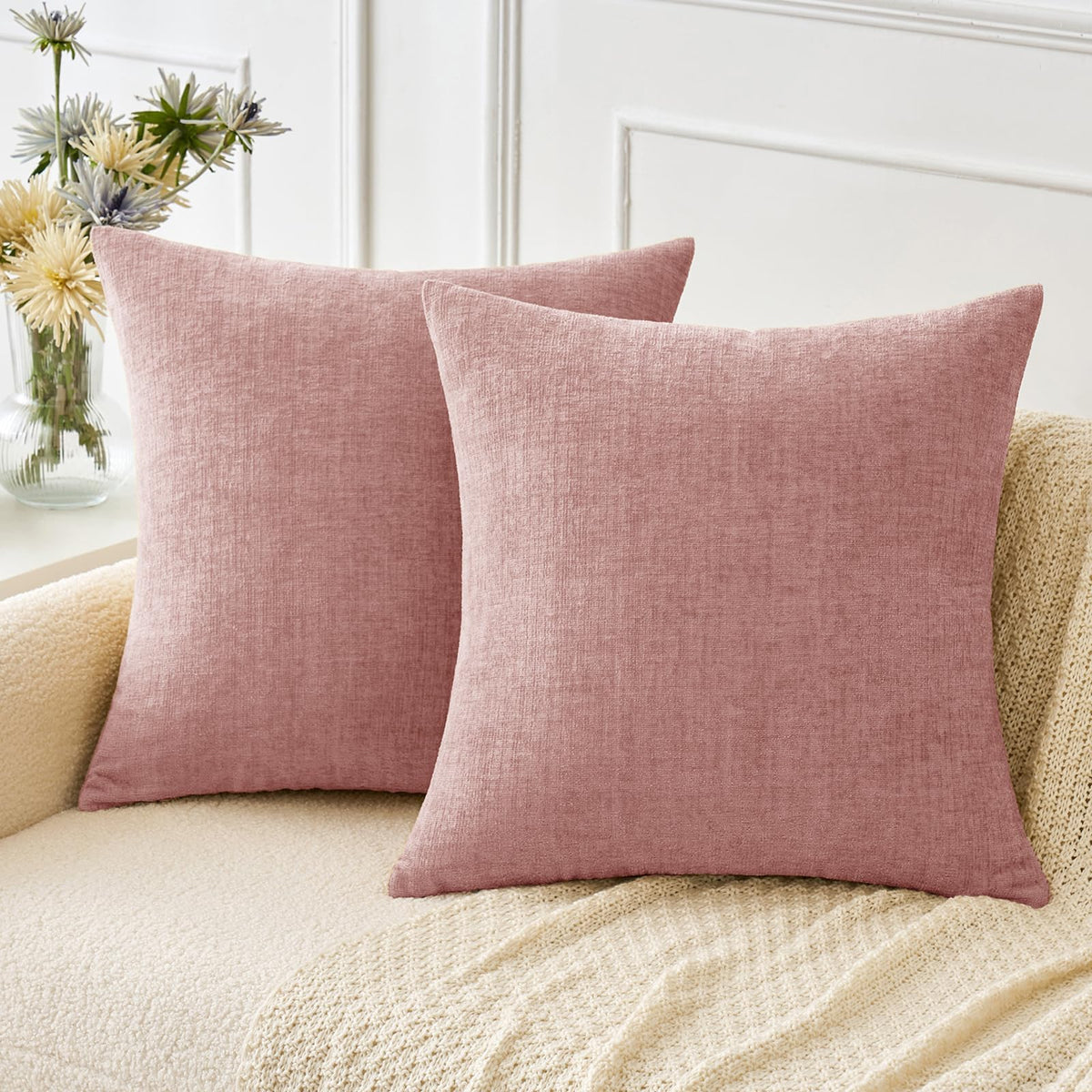 MIULEE Soft Chenille Throw Pillow Covers Green 18x18 Inch Pack of 2