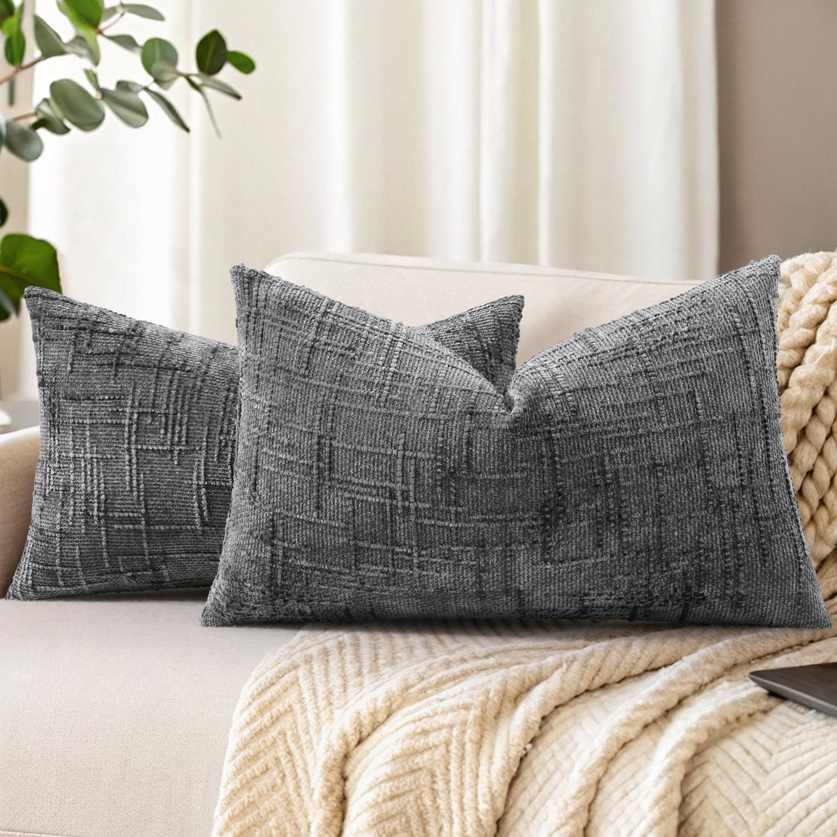 decorUhome Textured Chenille Throw Pillow Covers 18x18 Set of 2 Ivory