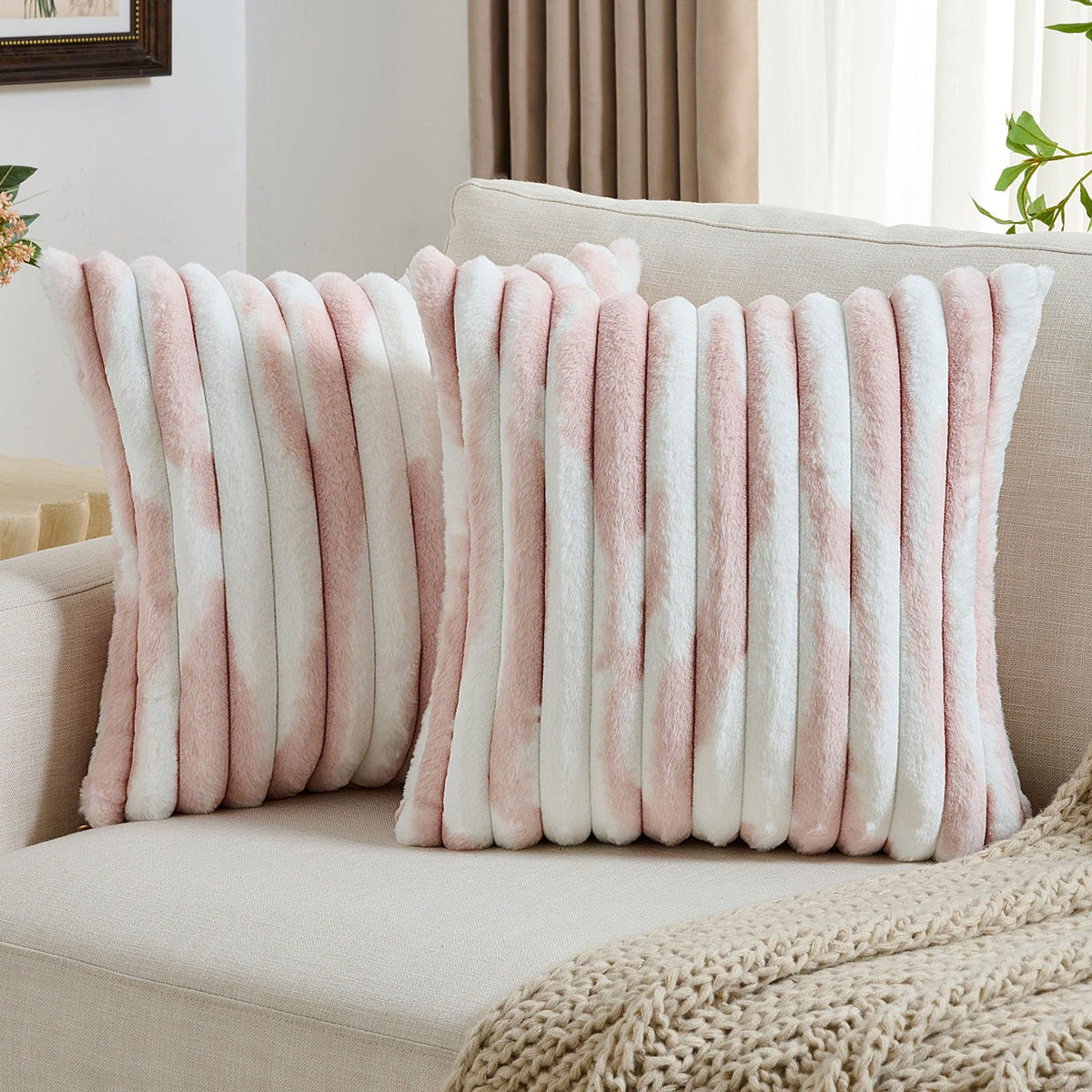 FUTEI Pack of 2 Faux Fur Throw Pillow Covers 18x18 Inch, Navy Blue White