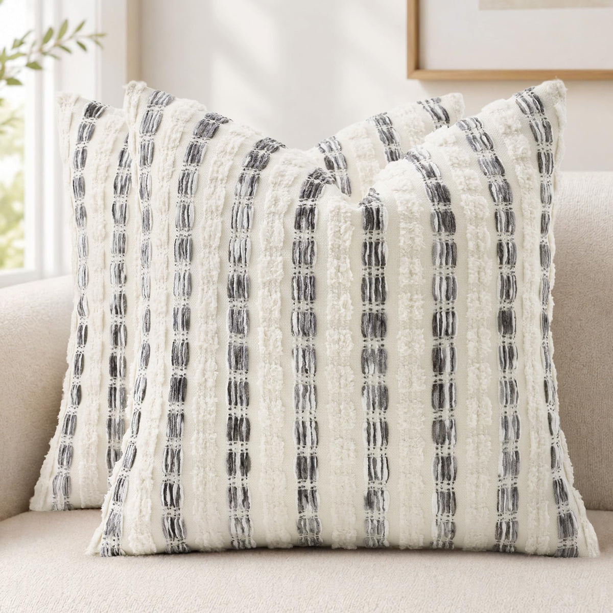 decorUhome Chenille Tufted Stripe Throw Pillow Covers 18x18 Set of 2 Green