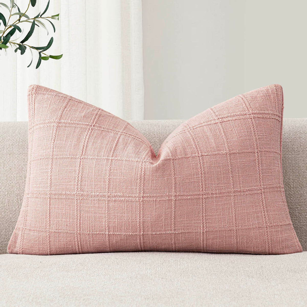 Foindtower Set of 1 Decorative Linen Check Throw Pillow Cover Neutral Farmhouse Lumbar Cushion Cover Modern Boho Home Decor for Sofa Chair Couch Bedroom Living Room,12×20 Inch,Olive Green