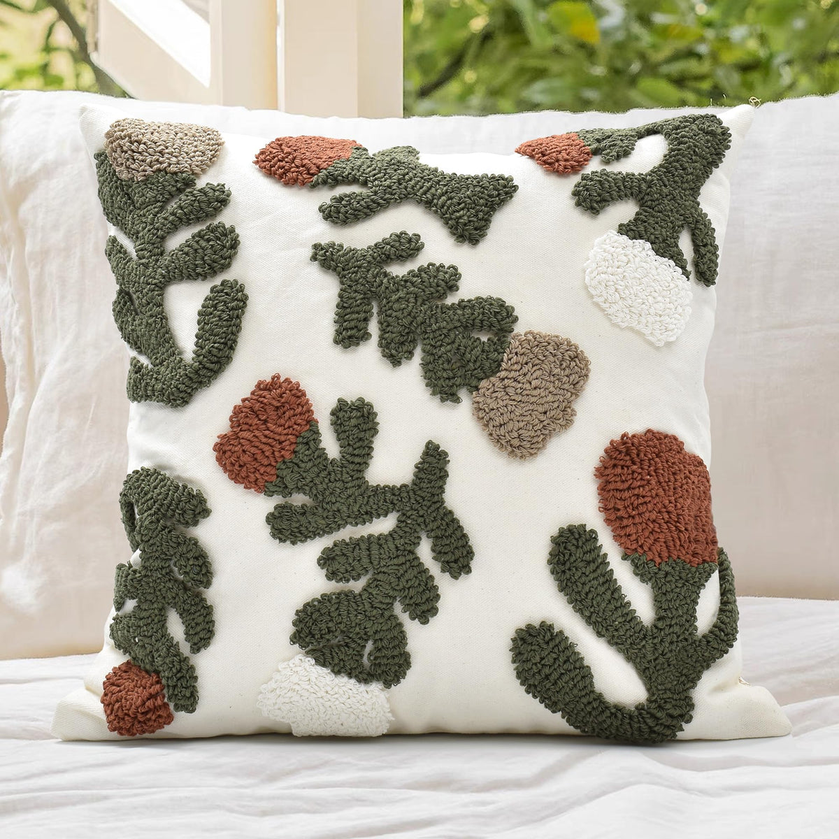Boho Sofa Throw Pillow Covers – Exquisitely Crafted with Hand-Finished Tuft with Thick Cotton Tassel Details – Soft & Stylish Moroccan Decorative, 18x18inch (Spring Ruched)
