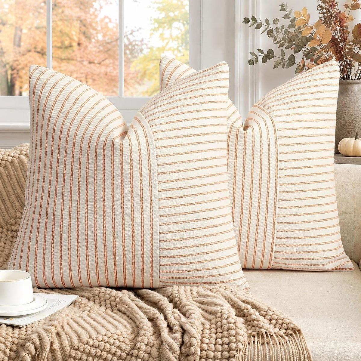 YCOLL Farmhouse Pillow Covers 18x18, Modern Accent Square Throw Pillow Covers Set of 2, Gray and Beige Striped Patchwork Linen Decorative Pillows Cushion Covers for Couch Chair Bedroom Home Decor