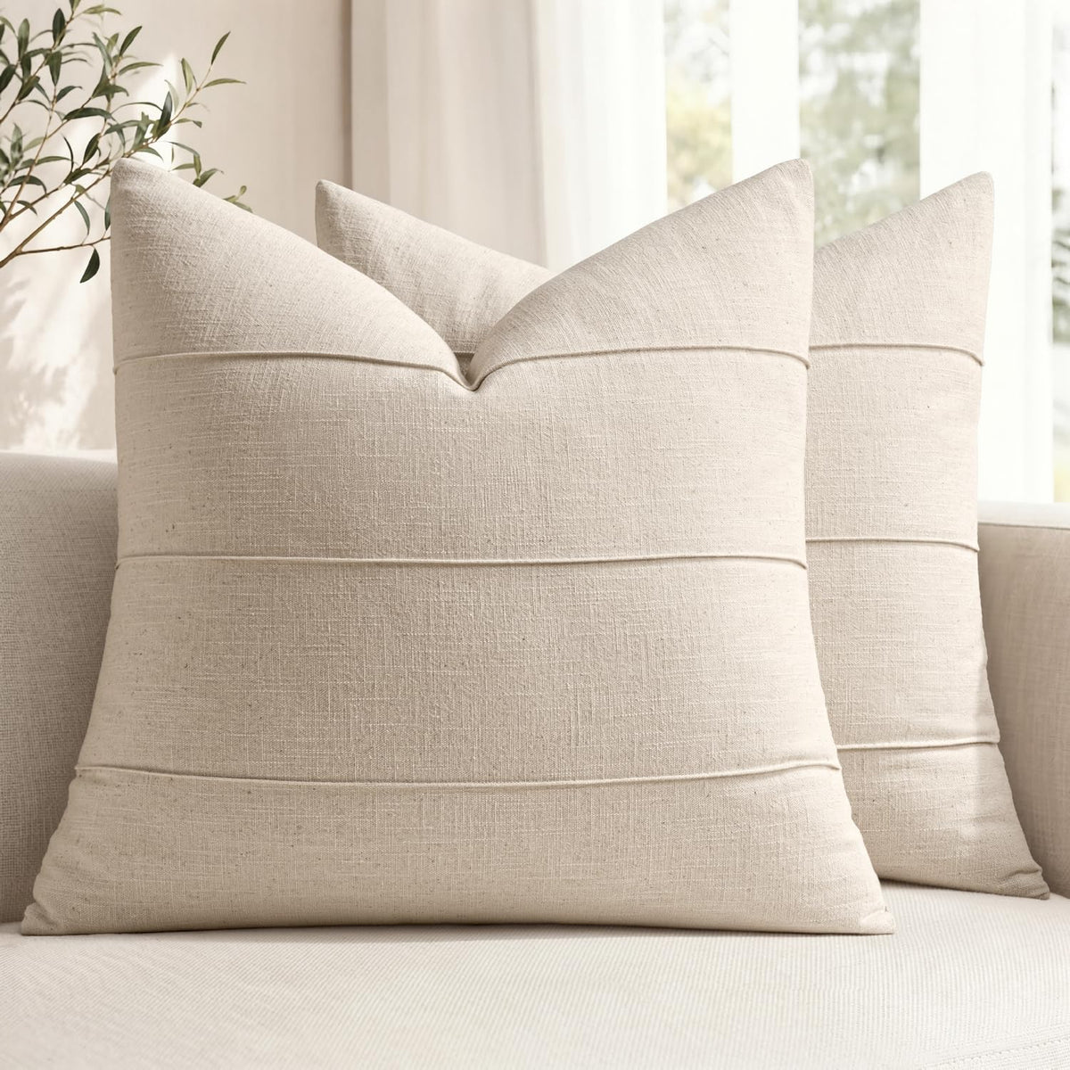 MIULEE Decorative Linen Throw Pillow Covers 18x18 Natural Beige Striped