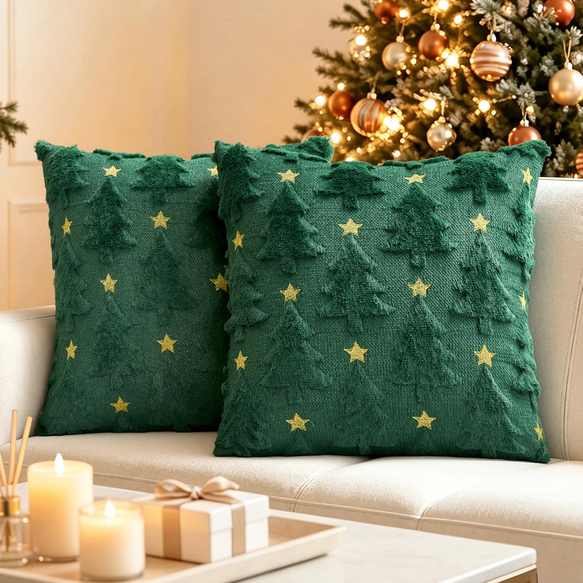 VISIONTEX Christmas Plaid Pillow Covers 18x18 Inch, Green Tartan Set of 2