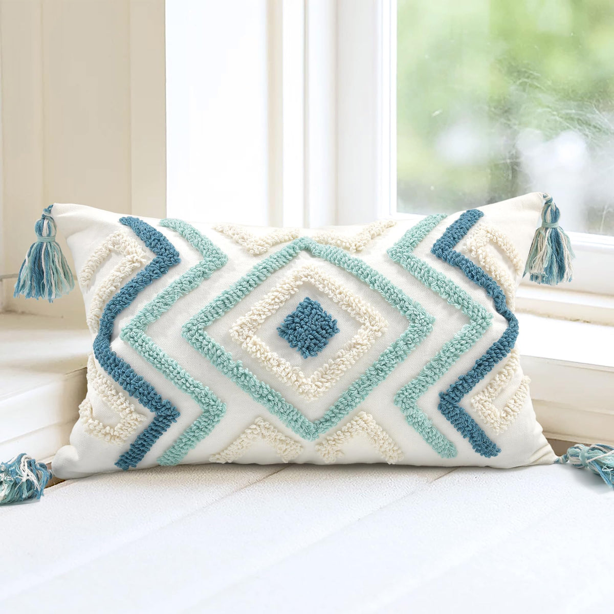 Boho Sofa Throw Pillow Covers – Exquisitely Crafted with Hand-Finished Tuft with Thick Cotton Tassel Details – Soft & Stylish Moroccan Decorative, 18x18inch (Spring Ruched)