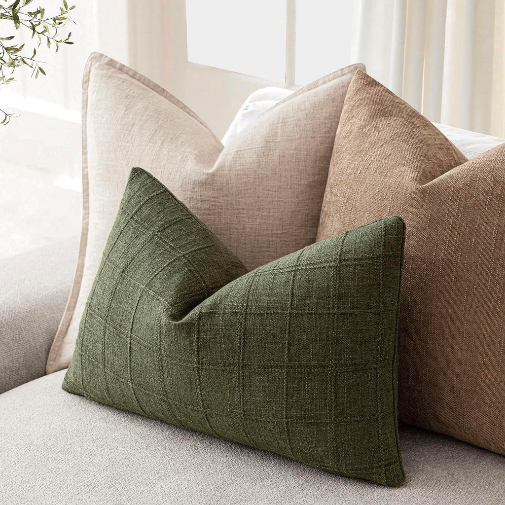 Foindtower Set of 1 Decorative Linen Check Throw Pillow Cover Neutral Farmhouse Lumbar Cushion Cover Modern Boho Home Decor for Sofa Chair Couch Bedroom Living Room,12×20 Inch,Olive Green