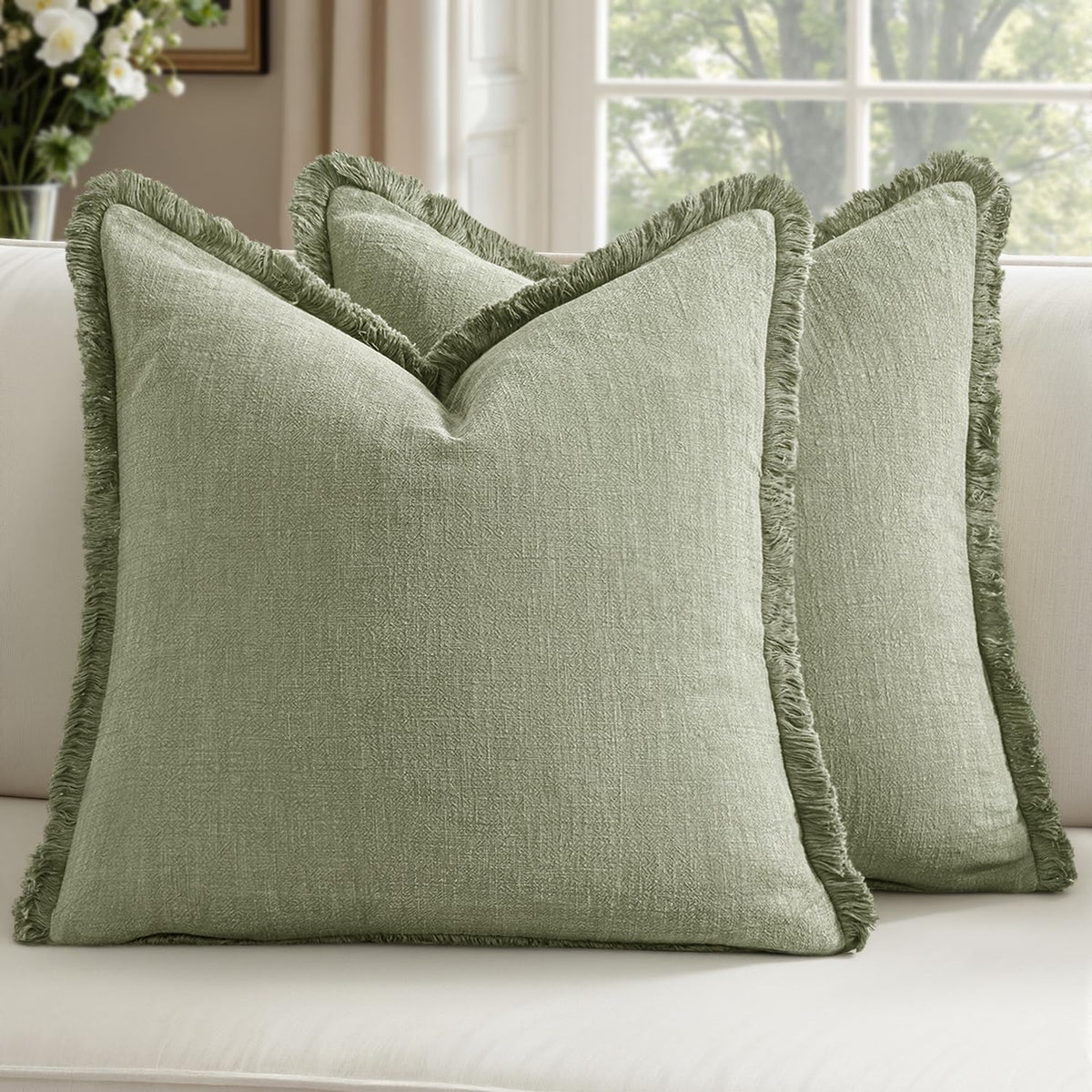Linen Fringe Throw Pillow Covers 20x20 Inch Set of 2,Navy Blue